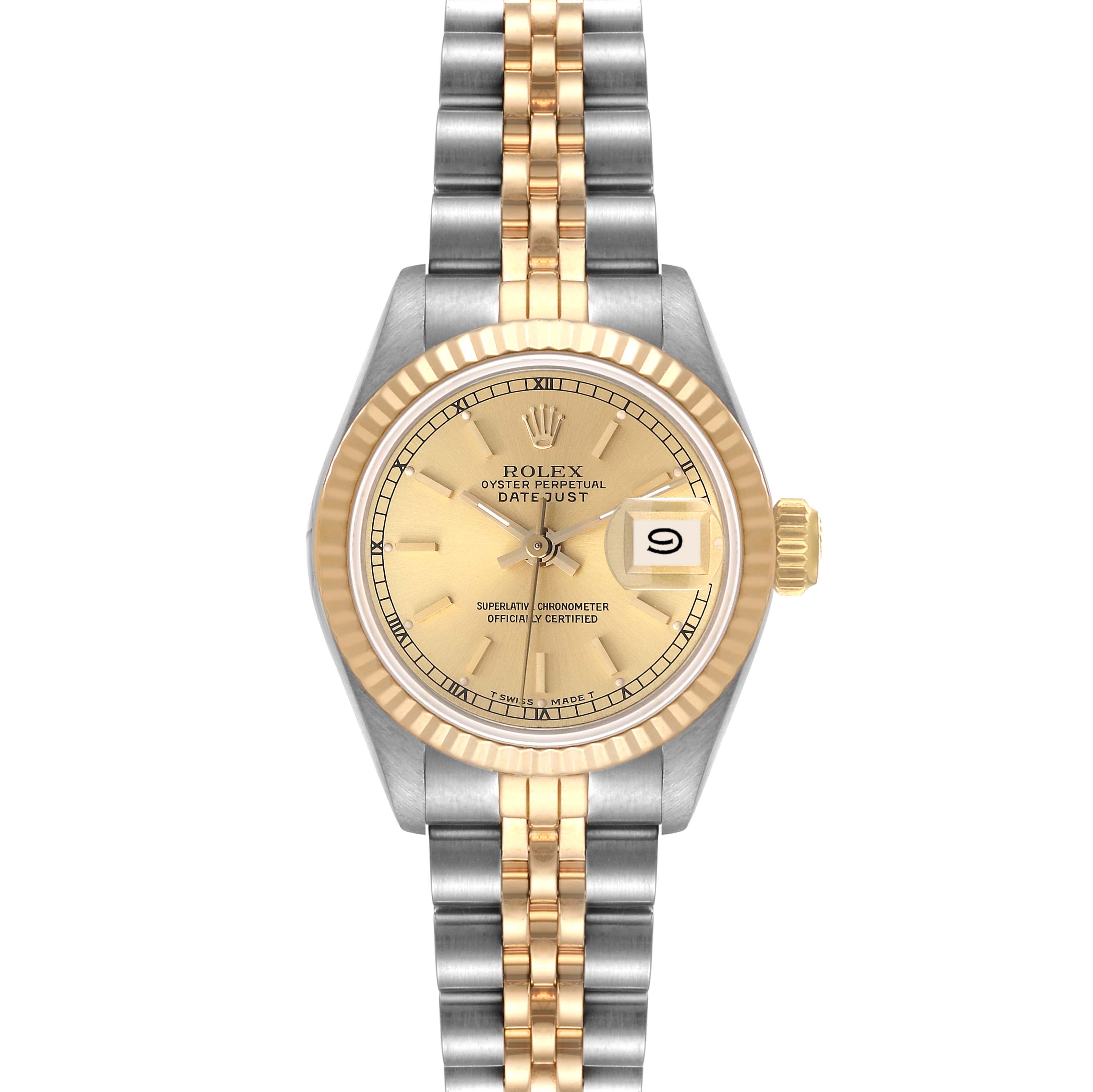 This image shows a full frontal view of a Rolex Datejust 69173 Women's Steel and Gold (two tone) Champagne Dial 69173 Women's Steel and Gold (two tone) Champagne Dial watch, featuring a two-tone bracelet and a gold bezel.
