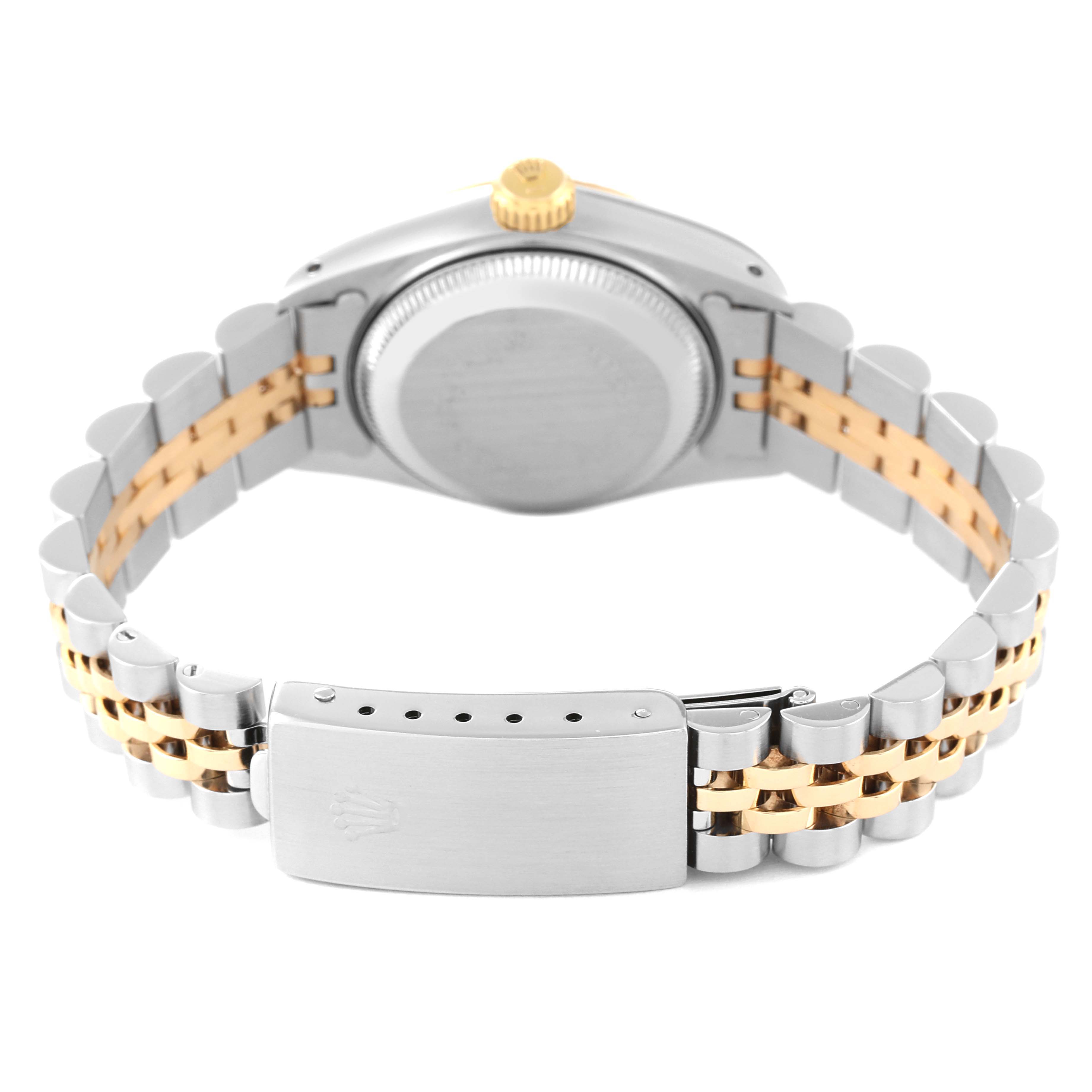 The image shows the back view of a Rolex Datejust 69173 Women's Steel and Gold (two tone) Champagne Dial 69173 Women's Steel and Gold (two tone) Champagne Dial, highlighting the case back and Jubilee bracelet with a clasp.