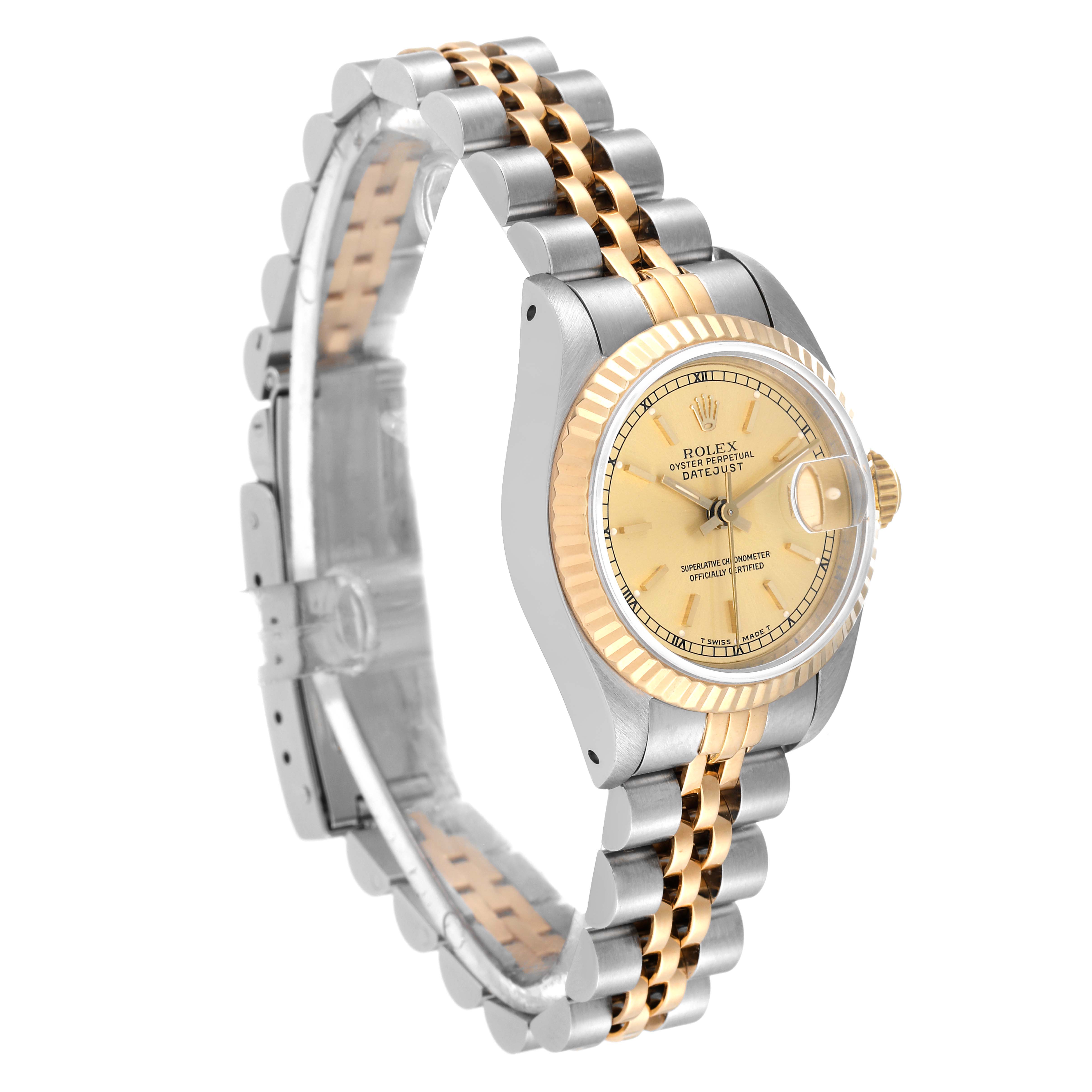 The image shows a side angle of a Rolex Datejust 69173 Women's Steel and Gold (two tone) Champagne Dial 69173 Women's Steel and Gold (two tone) Champagne Dial watch featuring a two-tone bracelet and a champagne dial.