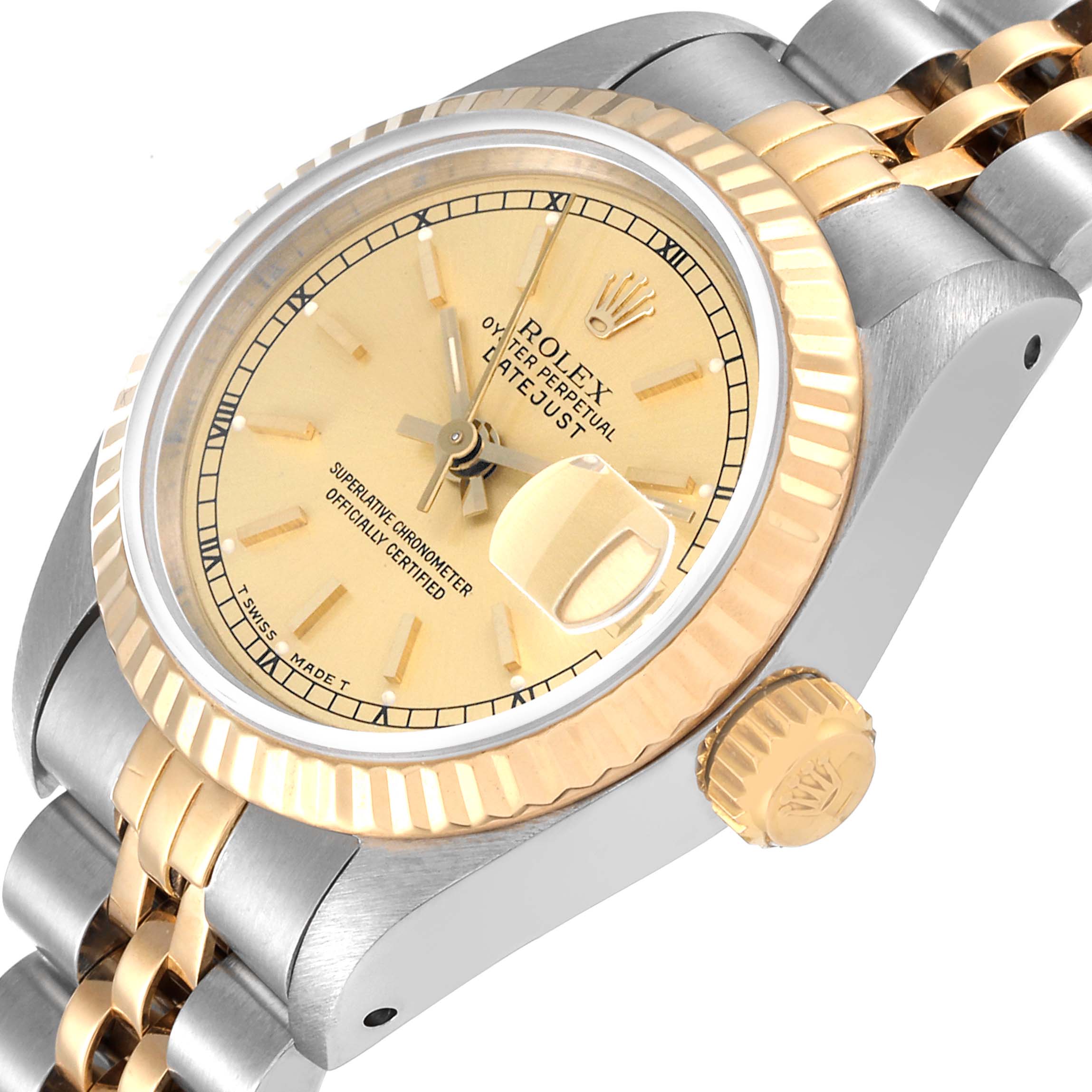 The Rolex Datejust 69173 Women's Steel and Gold (two tone) Champagne Dial 69173 Women's Steel and Gold (two tone) Champagne Dial watch is shown at an angle revealing the face, crown, bezel, and part of the bracelet.