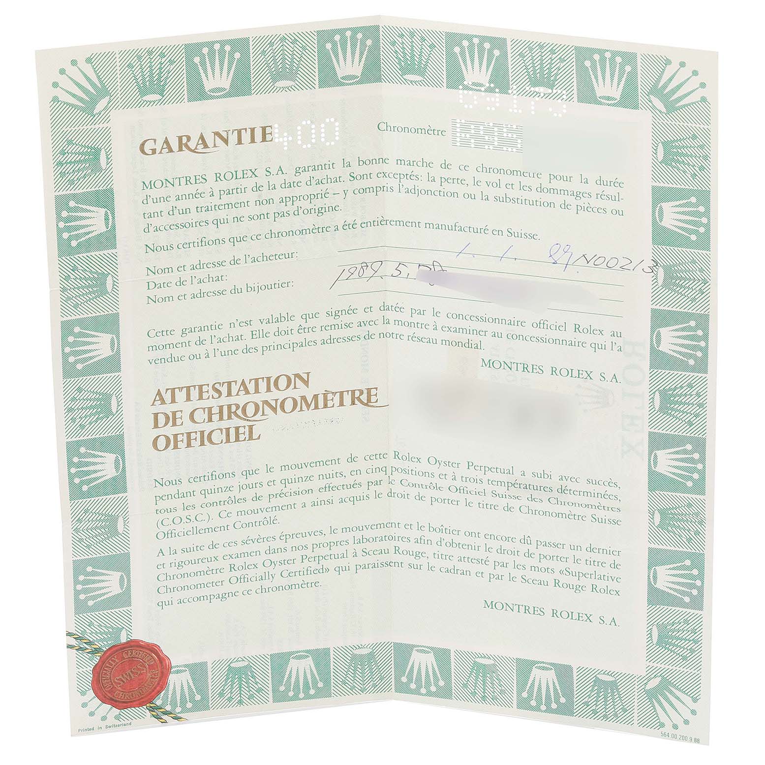 The image shows a warranty certificate for the Rolex Datejust 69173 Women's Steel and Gold (two tone) Champagne Dial 69173 Women's Steel and Gold (two tone) Champagne Dial watch model.