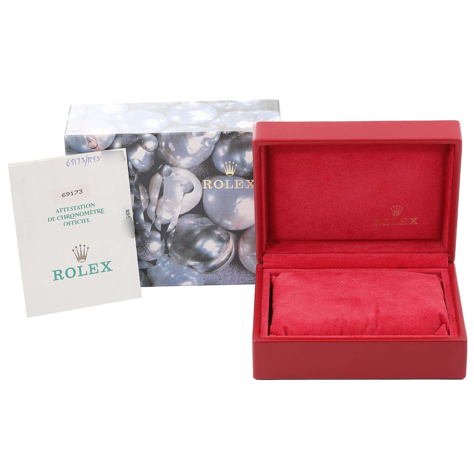 The image shows the packaging and manual for a Rolex Datejust 69173 Women's Steel and Gold (two tone) Champagne Dial 69173 Women's Steel and Gold (two tone) Champagne Dial watch, including a red watch box and a certification booklet.