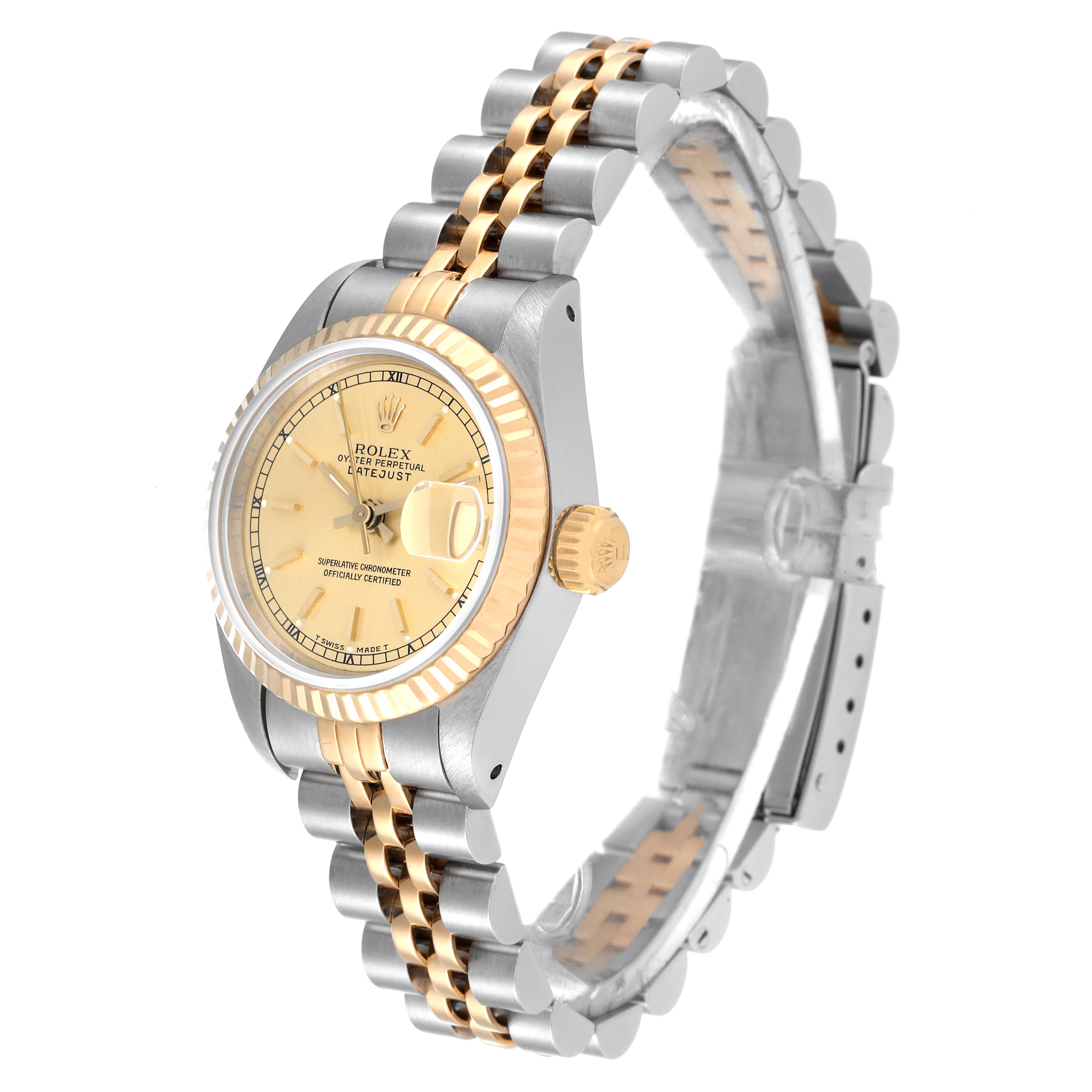 This Rolex Datejust 69173 Women's Steel and Gold (two tone) Champagne Dial 69173 Women's Steel and Gold (two tone) Champagne Dial watch is shown at an angle displaying the face, bezel, crown, and part of the bracelet.