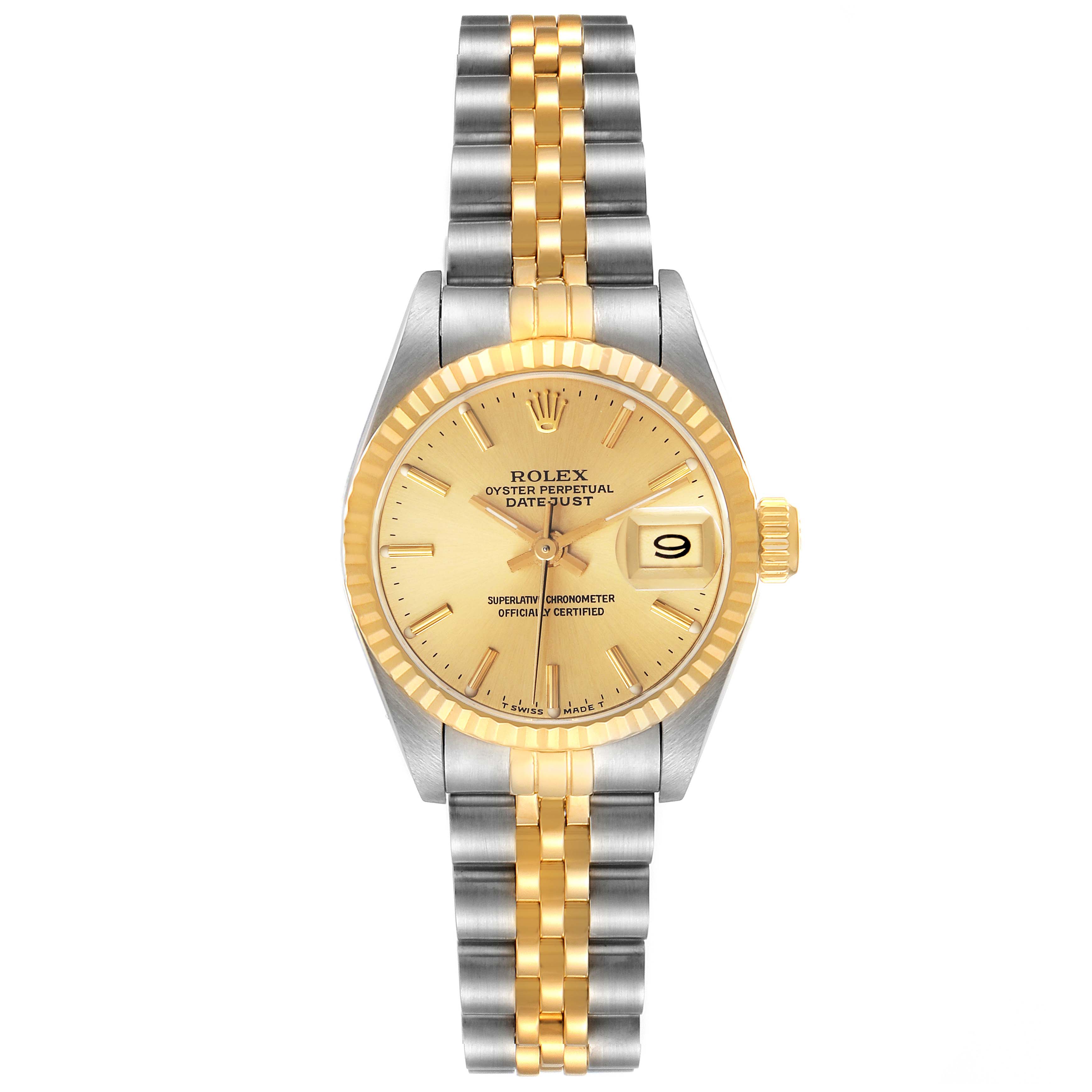 The image shows a front view of the Rolex Datejust 69173 Women's Steel and Gold (two tone) Champagne Dial 69173 Women's Steel and Gold (two tone) Champagne Dial watch, displaying its dial, bezel, and two-tone bracelet.
