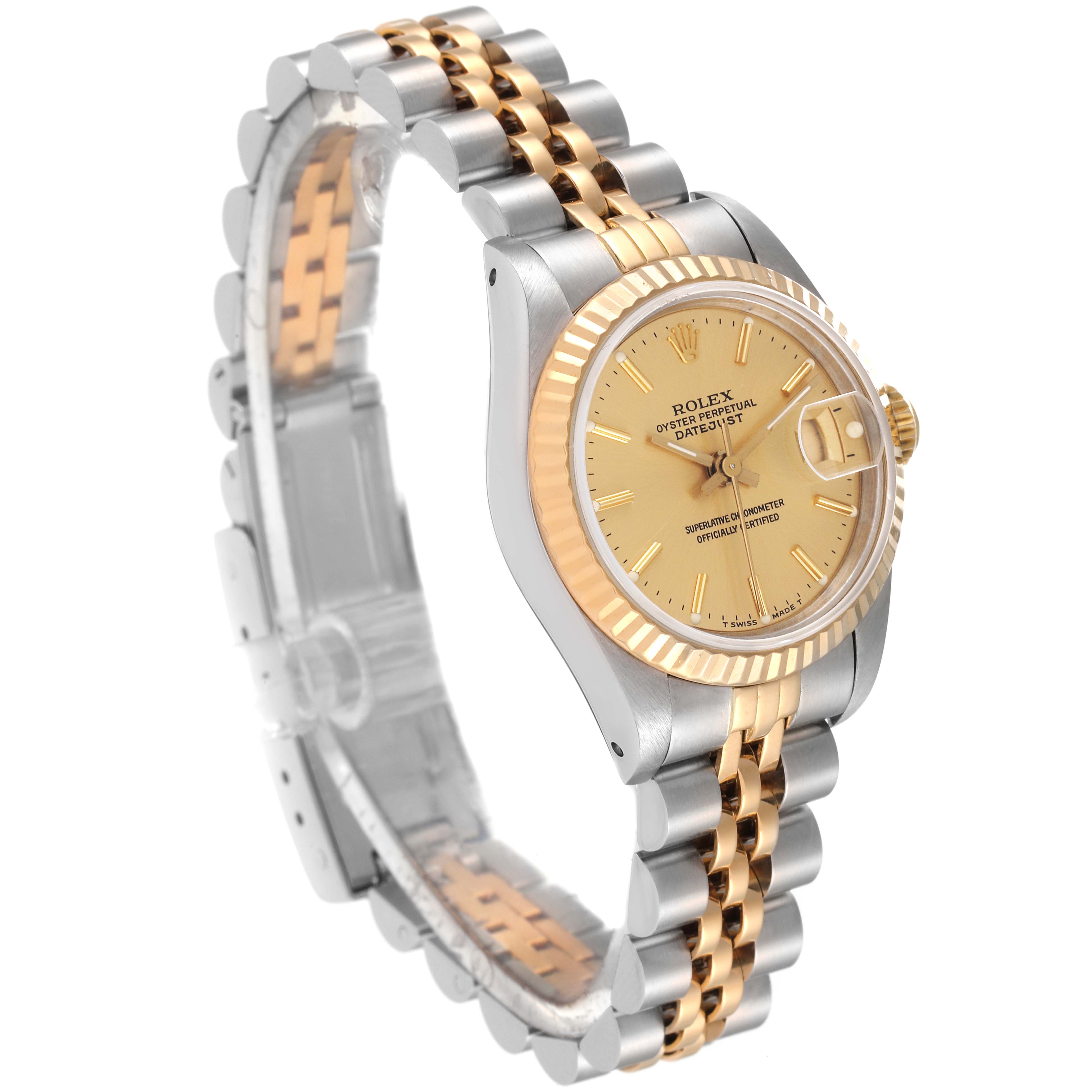 This image shows a side view of a Rolex Datejust 69173 Women's Steel and Gold (two tone) Champagne Dial 69173 Women's Steel and Gold (two tone) Champagne Dial watch, highlighting its two-tone bracelet and gold dial.