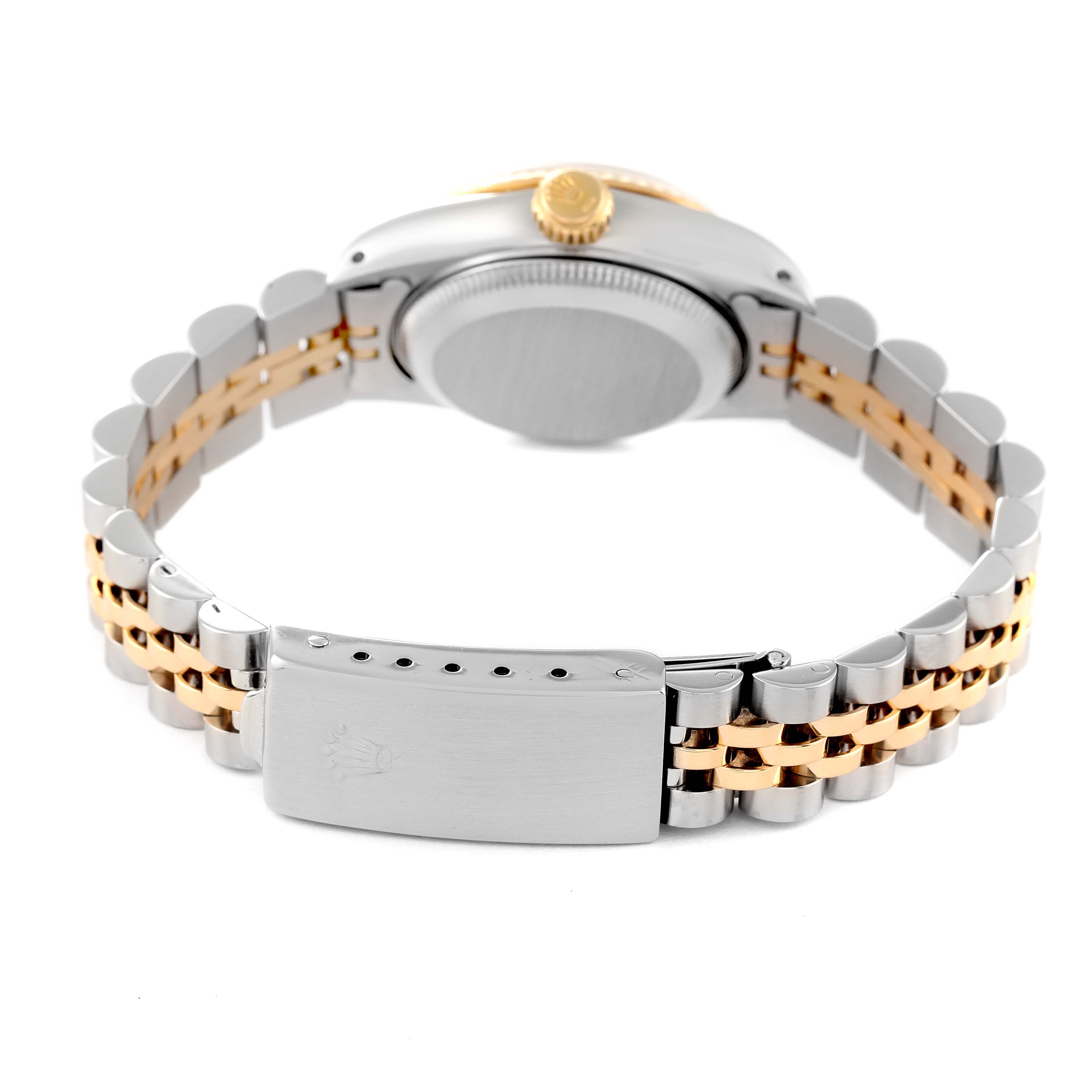 This image shows the rear view of a Rolex Datejust 69173 Women's Steel and Gold (two tone) Champagne Dial 69173 Women's Steel and Gold (two tone) Champagne Dial watch, focusing on the clasp, bracelet, and case back.