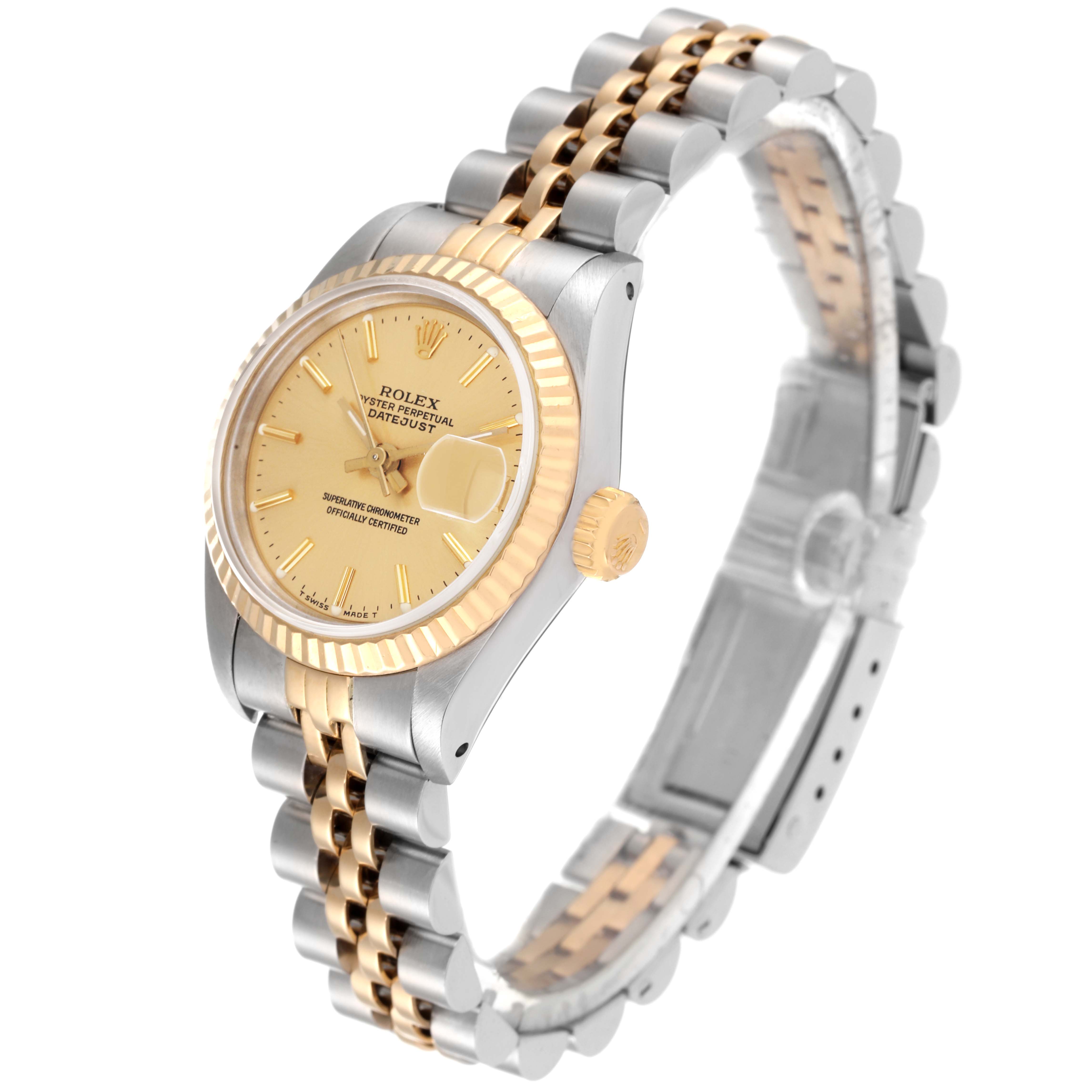The image shows a Rolex Datejust 69173 Women's Steel and Gold (two tone) Champagne Dial 69173 Women's Steel and Gold (two tone) Champagne Dial watch at a three-quarter angle, highlighting its dial, bezel, crown, and part of the bracelet.