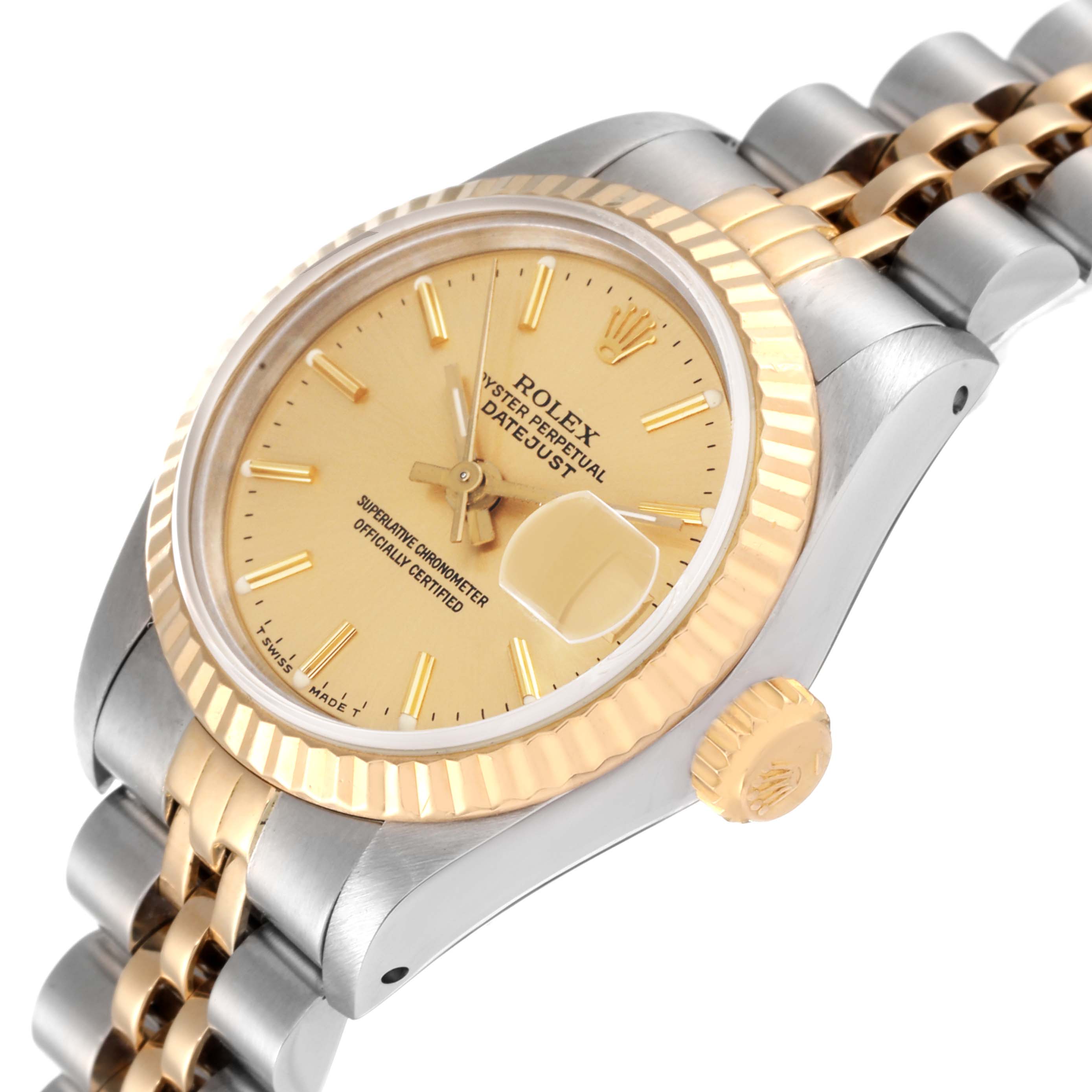 The image shows a close-up, side angle of a Rolex Datejust 69173 Women's Steel and Gold (two tone) Champagne Dial 69173 Women's Steel and Gold (two tone) Champagne Dial watch, highlighting the dial, bezel, and bracelet.