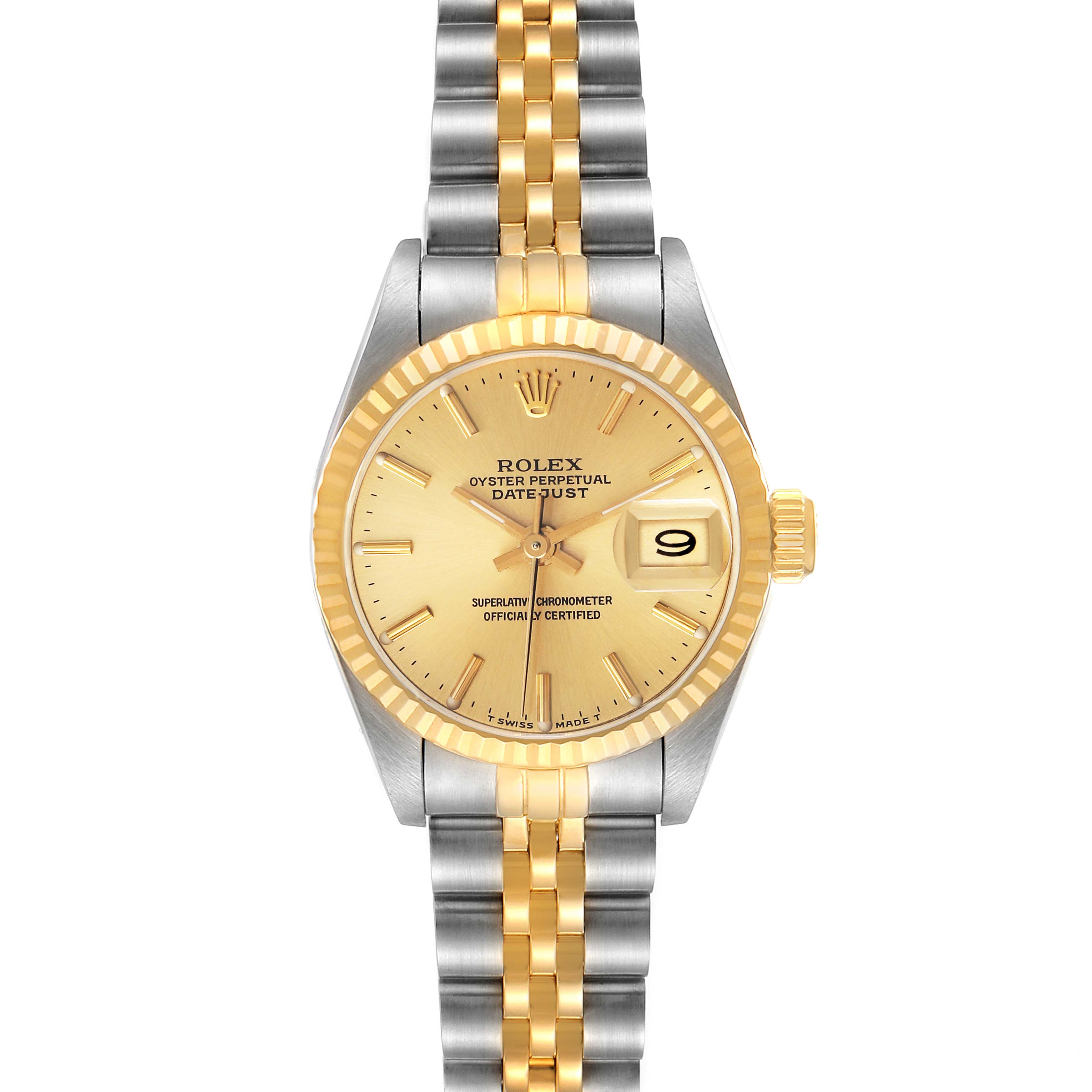 The image depicts a front view of a Rolex Datejust 69173 Women's Steel and Gold (two tone) Champagne Dial 69173 Women's Steel and Gold (two tone) Champagne Dial watch displaying its face, bezel, crown, and two-tone bracelet.