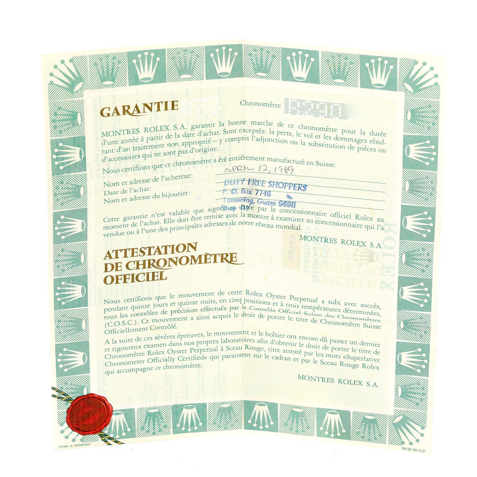 The image shows the warranty and chronometer certification paper for a Rolex Datejust 69173 Women's Steel and Gold (two tone) Champagne Dial 69173 Women's Steel and Gold (two tone) Champagne Dial watch, displaying the official document and stamp.