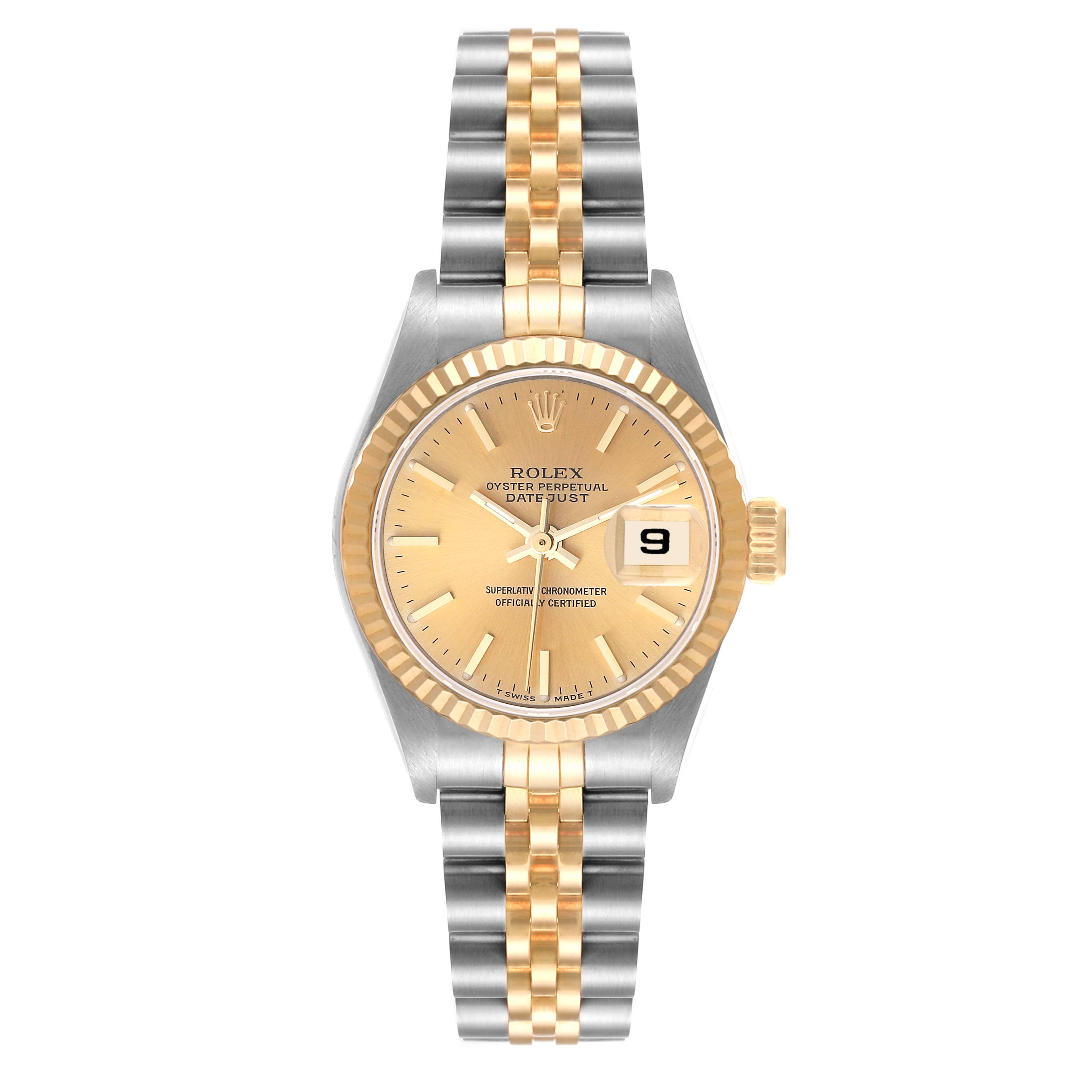 This is a front view of the Rolex Datejust 69173 Women's Steel and Gold (two tone) Champagne Dial 69173 Women's Steel and Gold (two tone) Champagne Dial watch showing the dial, bezel, case, and the two-tone bracelet.