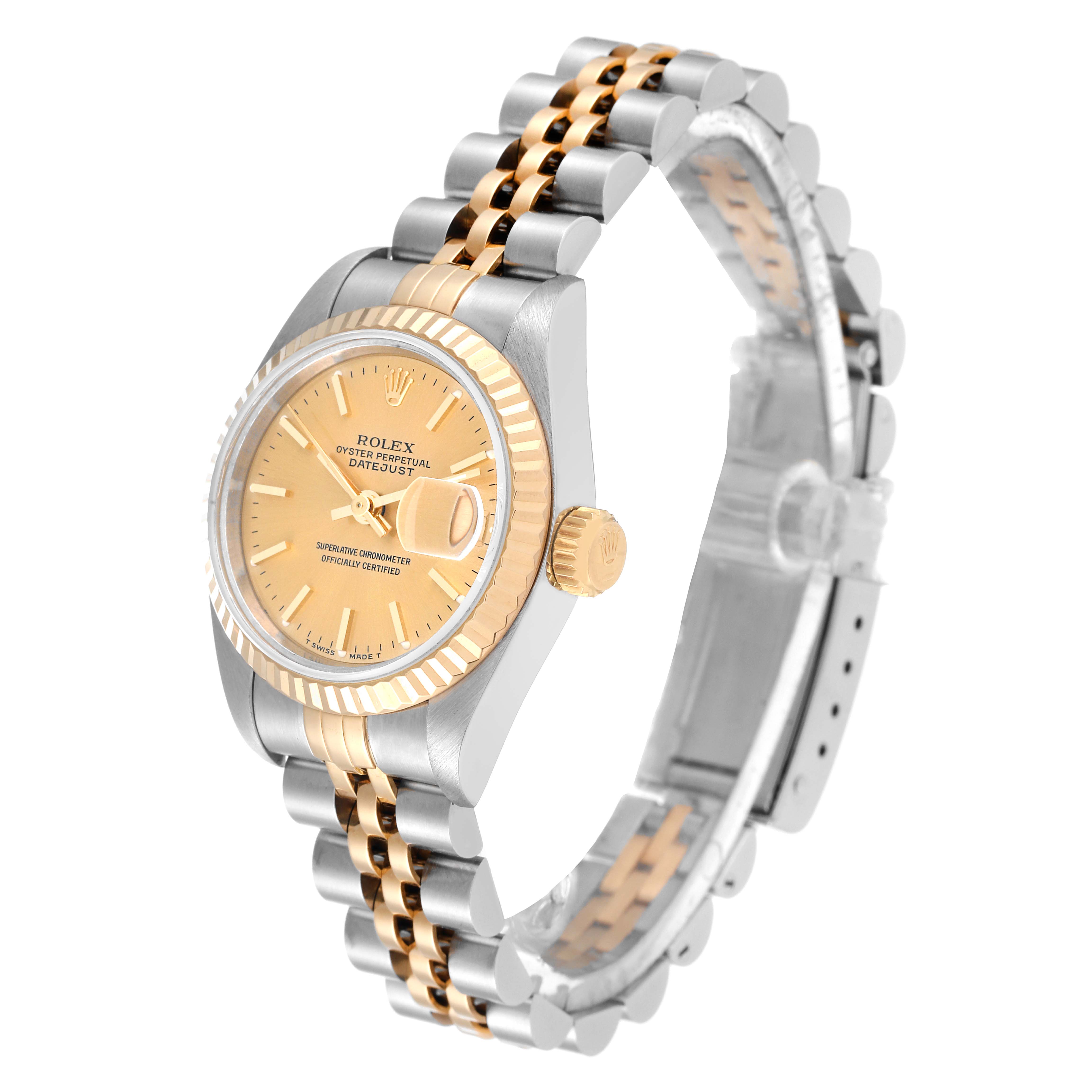 This image shows a side angle of a Rolex Datejust 69173 Women's Steel and Gold (two tone) Champagne Dial 69173 Women's Steel and Gold (two tone) Champagne Dial watch, highlighting its two-tone bezel, dial, and bracelet.