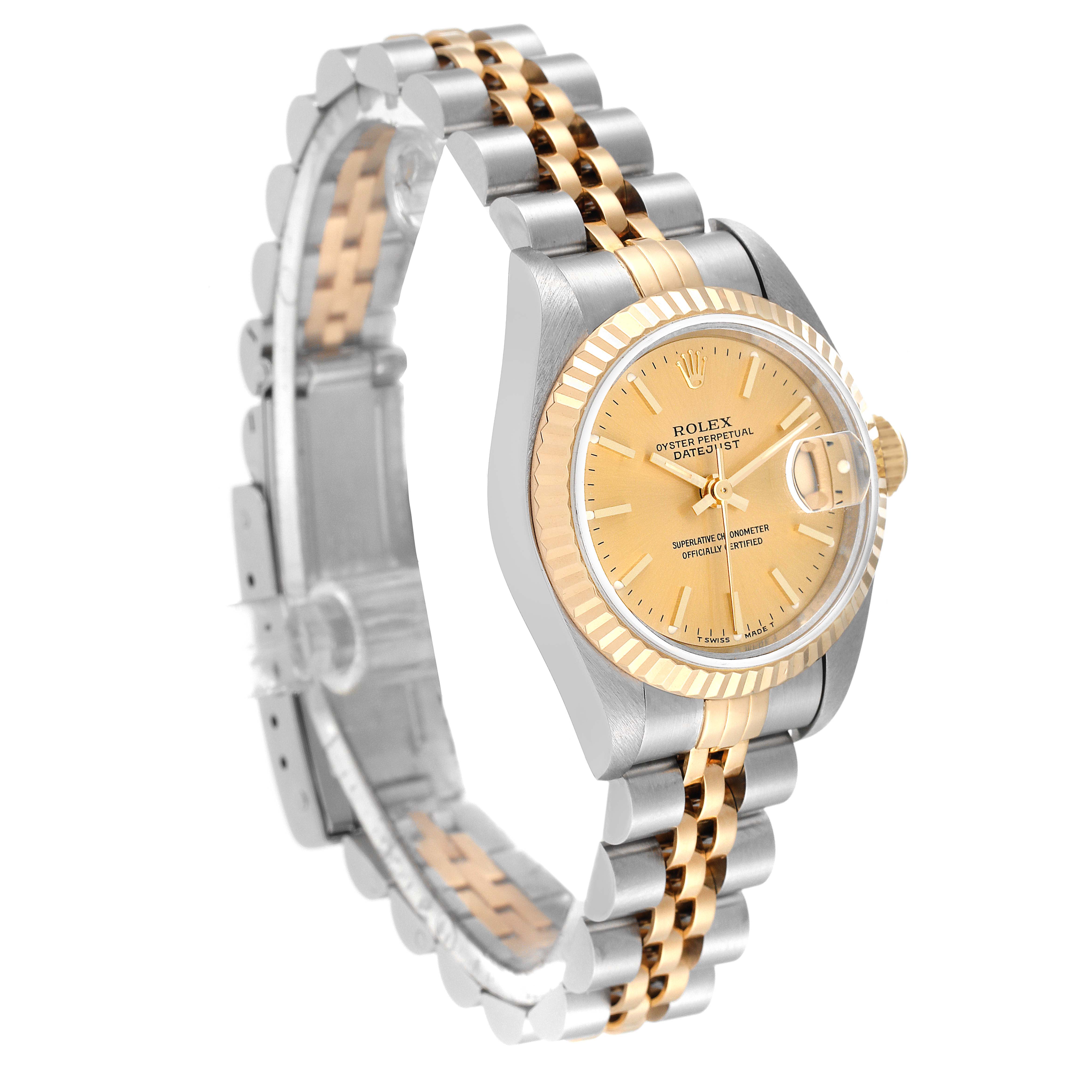 This image shows a Rolex Datejust 69173 Women's Steel and Gold (two tone) Champagne Dial 69173 Women's Steel and Gold (two tone) Champagne Dial watch from a three-quarter angle, highlighting its two-tone bracelet and gold dial.