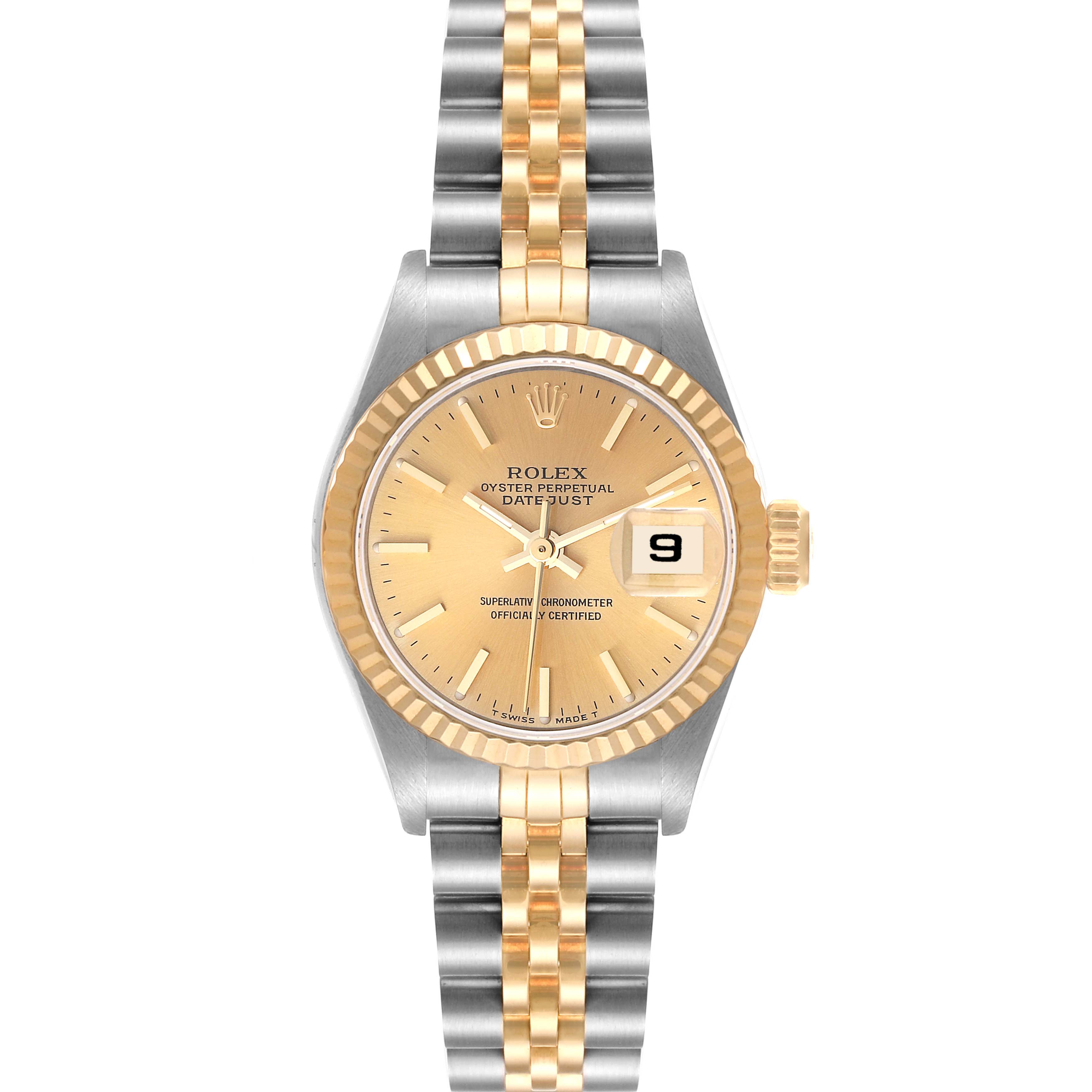 The Rolex Datejust 69173 Women's Steel and Gold (two tone) Champagne Dial 69173 Women's Steel and Gold (two tone) Champagne Dial is shown from a front angle, displaying the face, bezel, hands, and bracelet.
