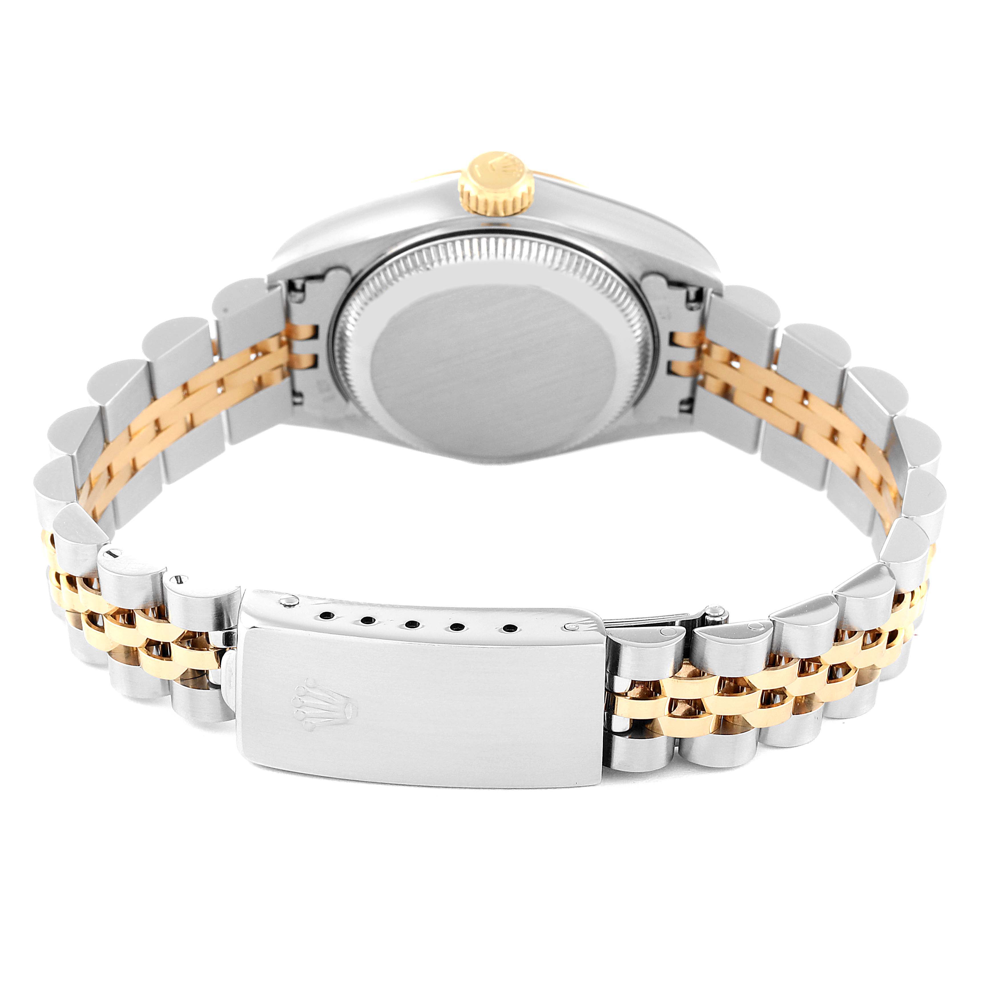The image shows the back view of a Rolex Datejust 69173 Women's Steel and Gold (two tone) Champagne Dial 69173 Women's Steel and Gold (two tone) Champagne Dial watch, highlighting the case back, crown, and jubilee bracelet.