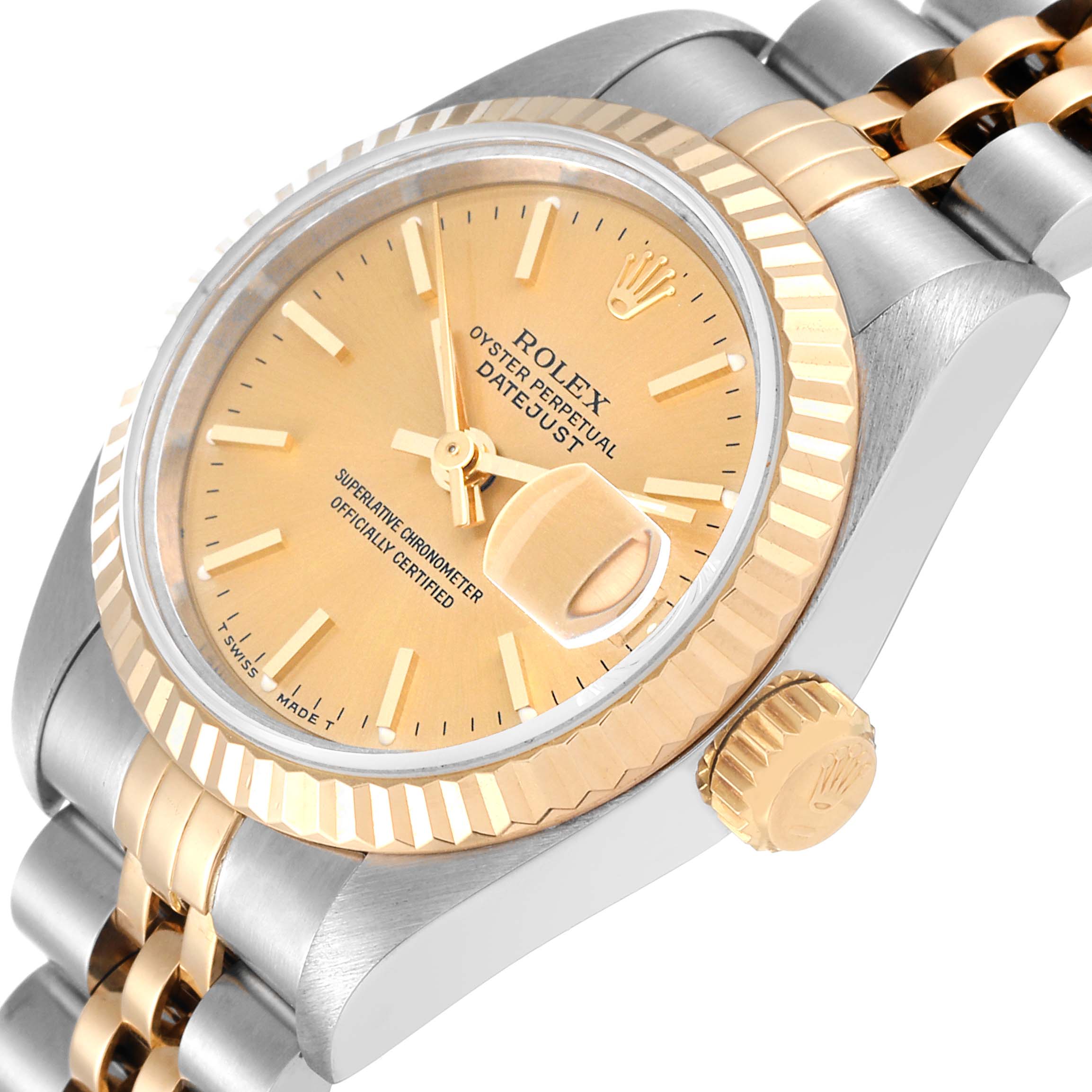 This image of a Rolex Datejust 69173 Women's Steel and Gold (two tone) Champagne Dial 69173 Women's Steel and Gold (two tone) Champagne Dial watch is taken from a top-side angle, showing the crown, dial, bracelet, and fluted bezel.