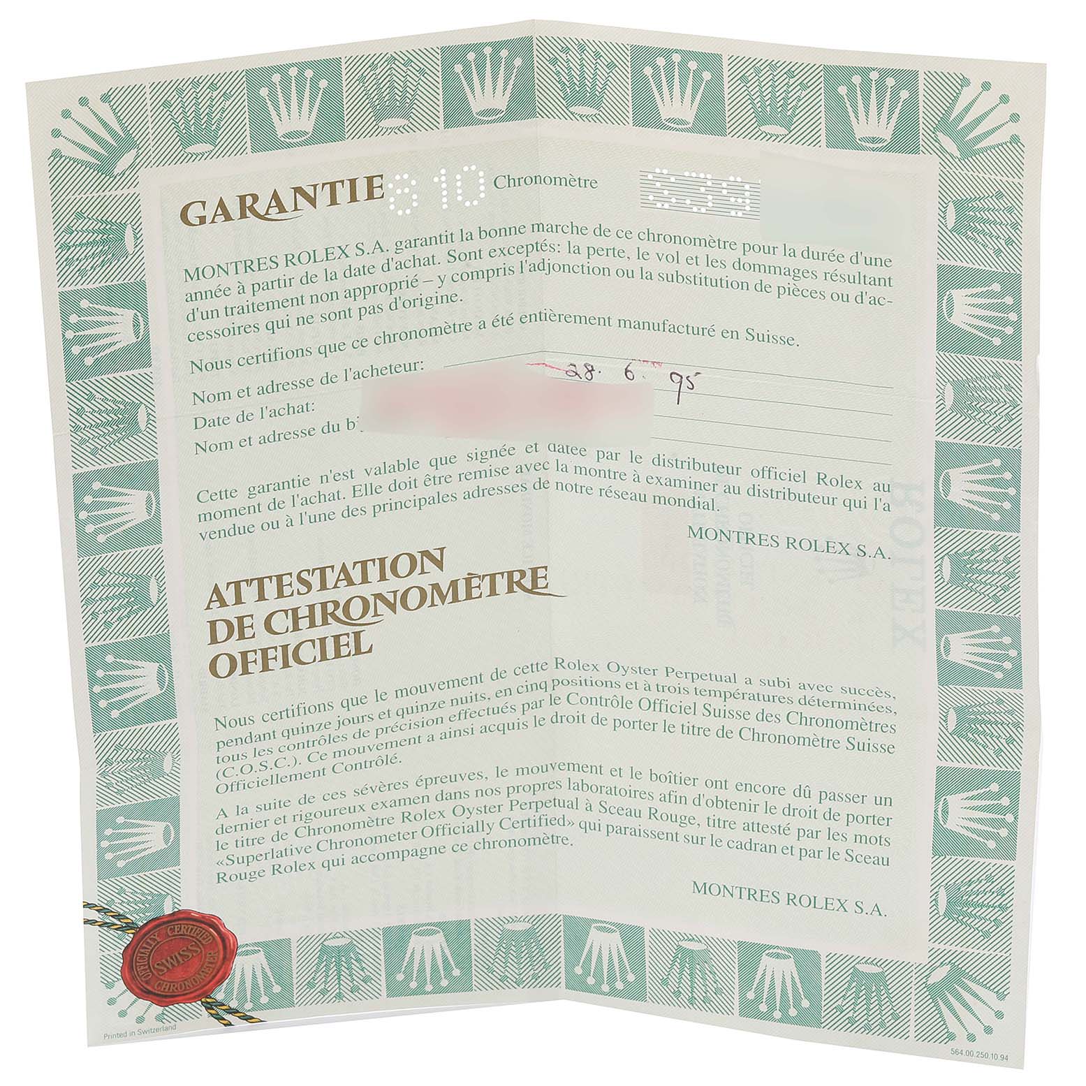 The image shows a warranty certificate for a Rolex Datejust 69173 Women's Steel and Gold (two tone) Champagne Dial 69173 Women's Steel and Gold (two tone) Champagne Dial model, detailing the guarantee and official certification.