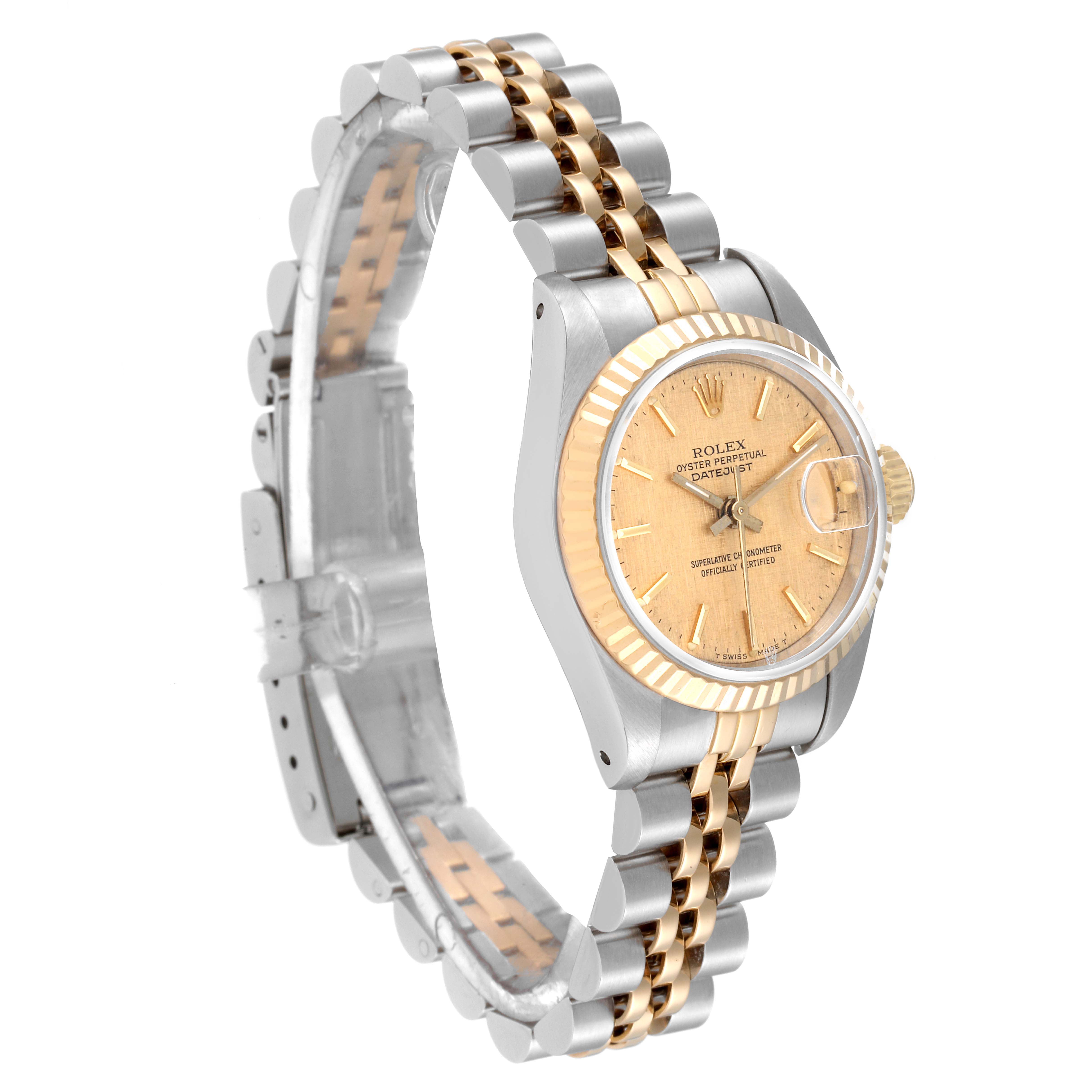 The Rolex Datejust 69173 Women's Steel and Gold (two tone) Champagne Dial 69173 Women's Steel and Gold (two tone) Champagne Dial watch is shown at a three-quarters angle, highlighting its dial, bezel, crown, and two-tone bracelet.