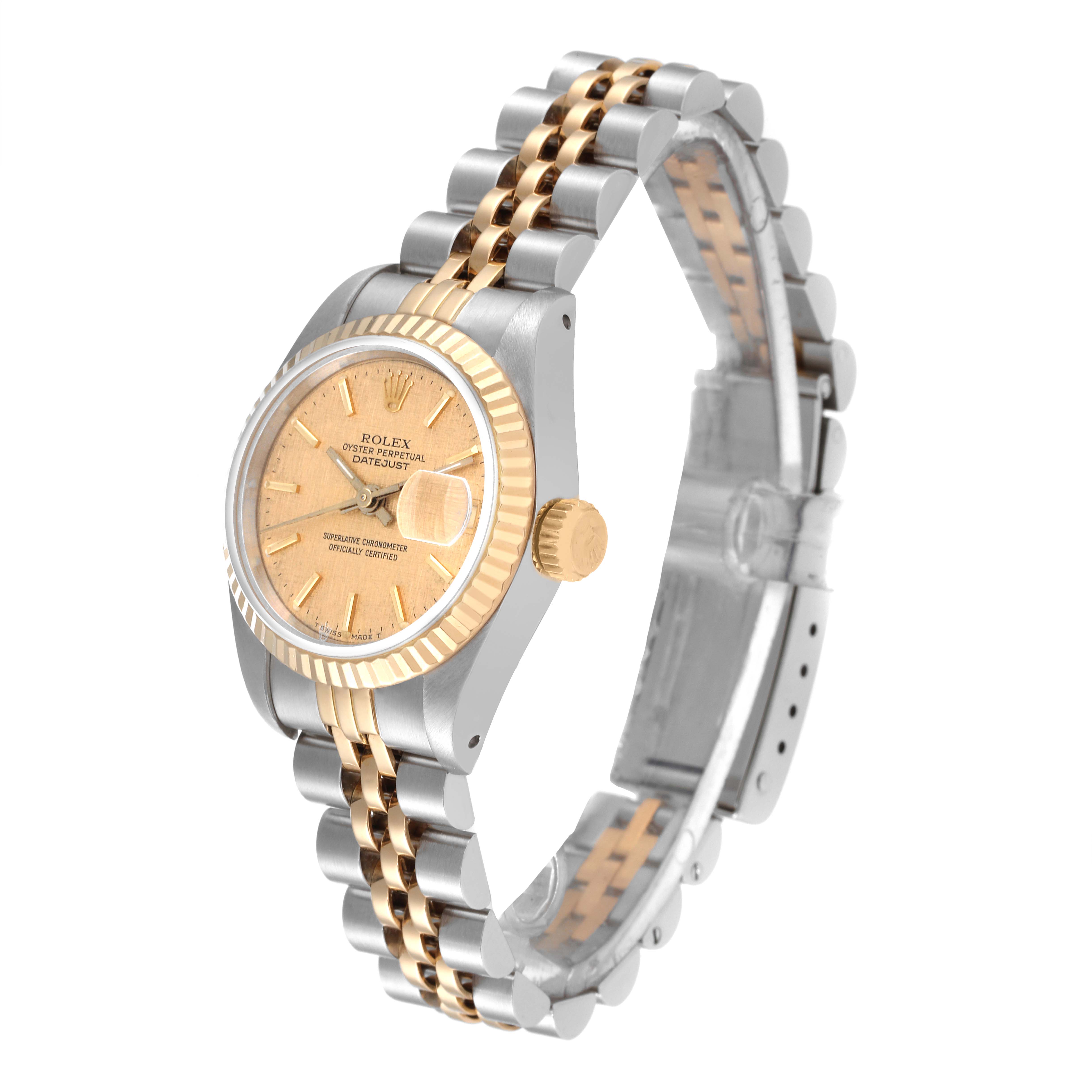 This Rolex Datejust 69173 Women's Steel and Gold (two tone) Champagne Dial 69173 Women's Steel and Gold (two tone) Champagne Dial watch is shown at an angle, displaying its face, bezel, crown, and bracelet.