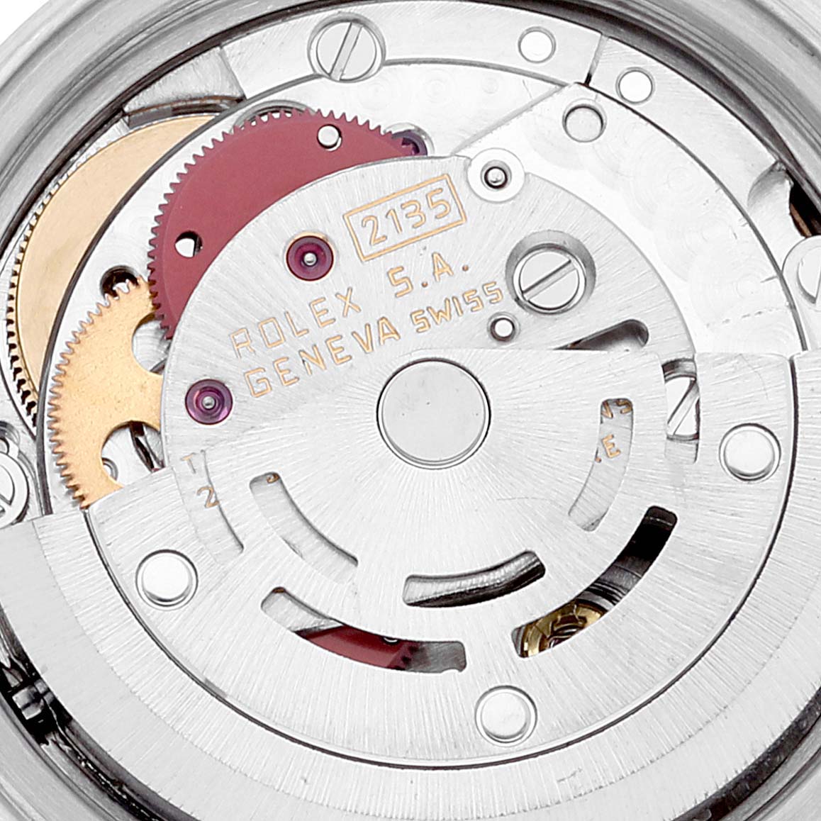 This image shows a close-up view of the internal mechanism of a Rolex Datejust 69173 Women's Steel and Gold (two tone) Champagne Dial 69173 Women's Steel and Gold (two tone) Champagne Dial model watch, highlighting its gears and movement parts.