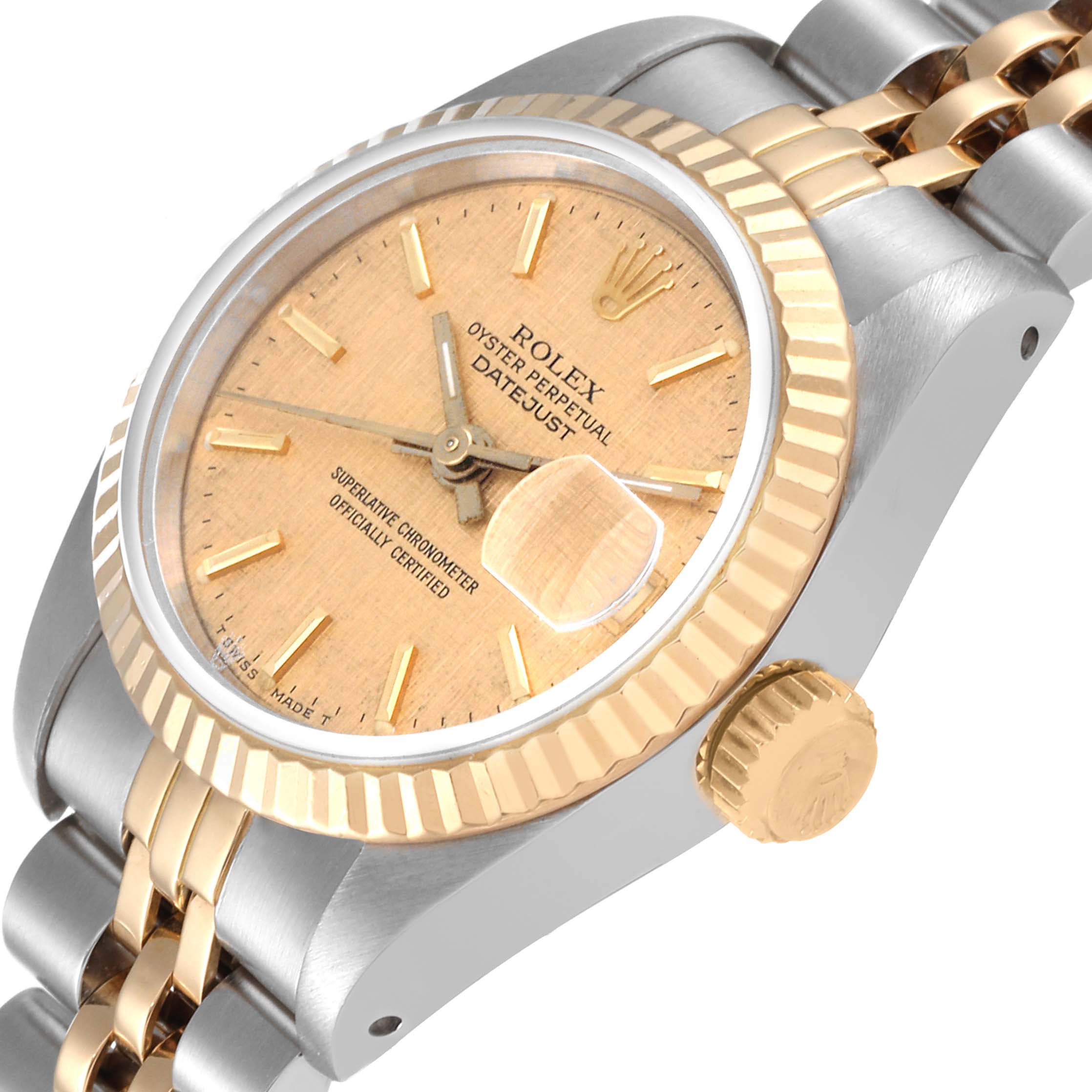 The image shows the Rolex Datejust 69173 Women's Steel and Gold (two tone) Champagne Dial 69173 Women's Steel and Gold (two tone) Champagne Dial watch from a slightly angled side view, highlighting the bezel, dial, crown, and part of the bracelet.
