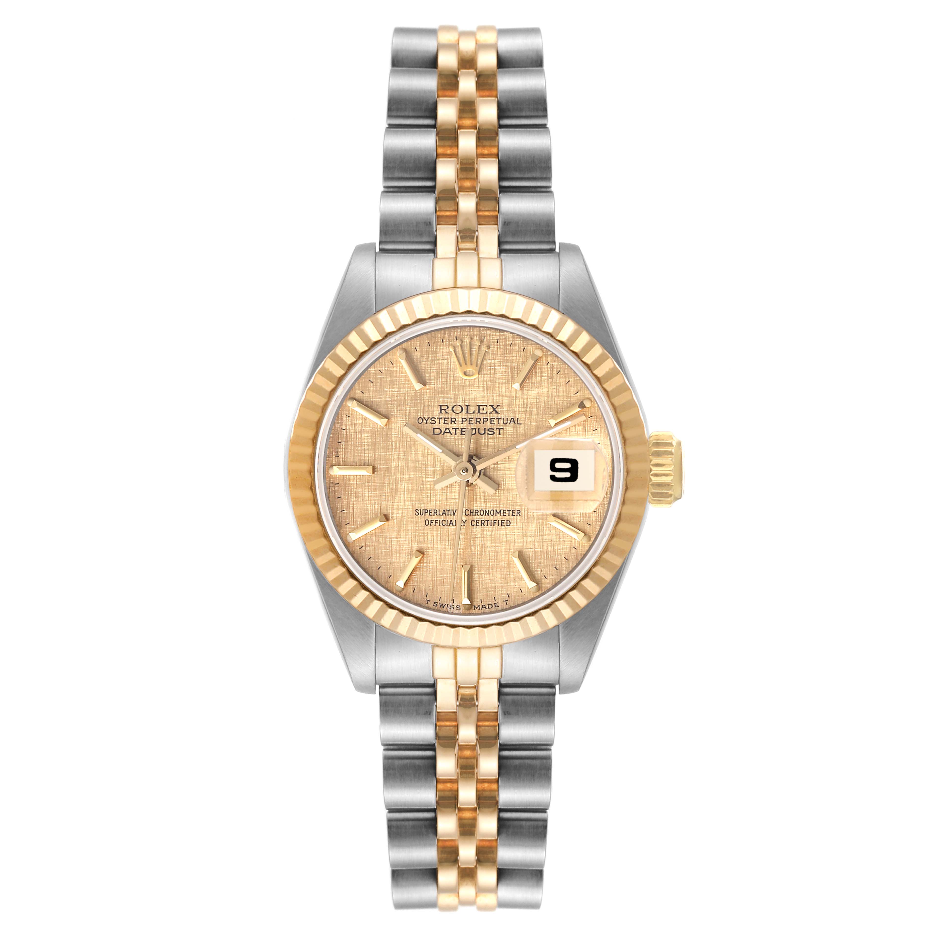 The image shows a front view of a Rolex Datejust 69173 Women's Steel and Gold (two tone) Champagne Dial 69173 Women's Steel and Gold (two tone) Champagne Dial watch, featuring a gold and silver bracelet, gold bezel, and a gold dial.