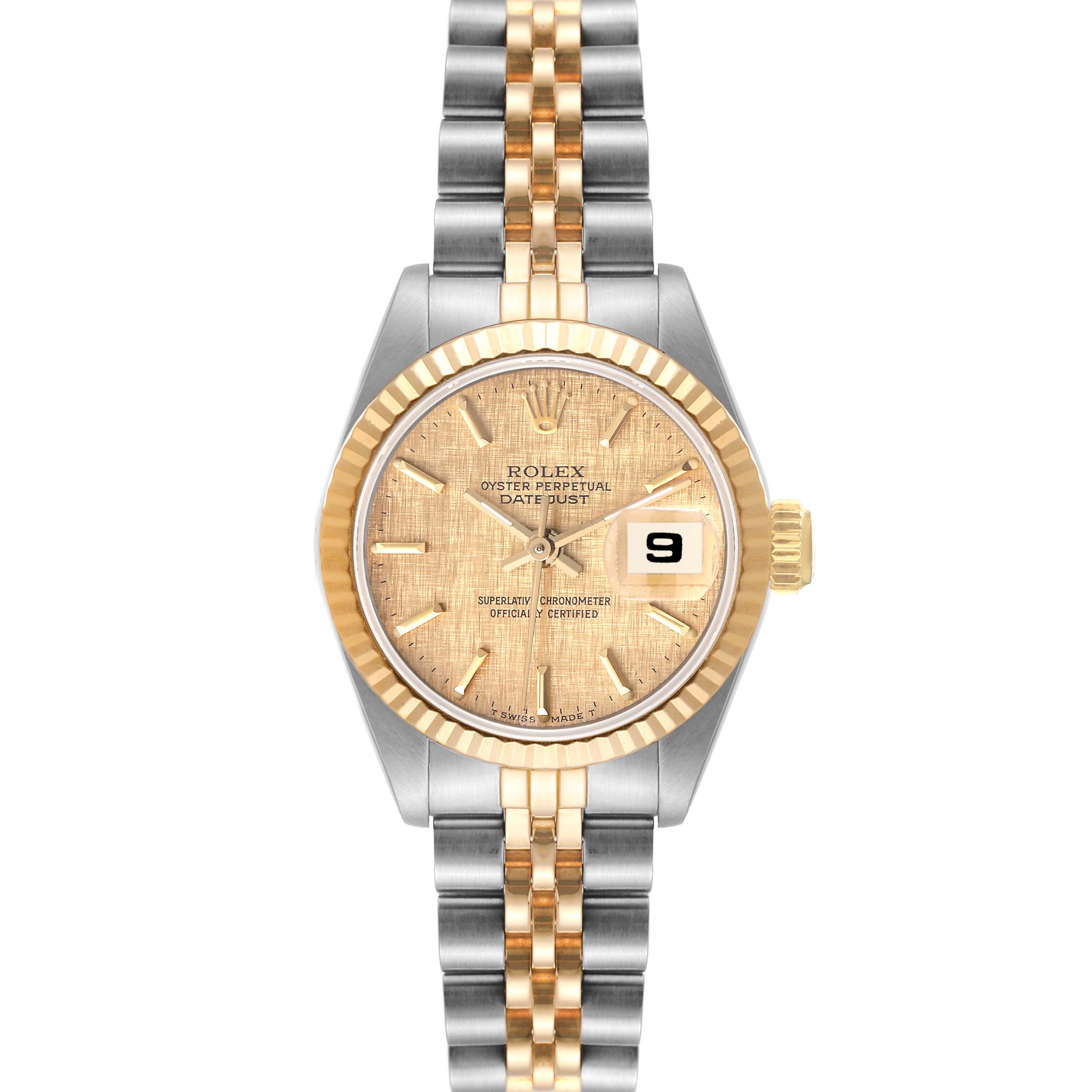 This image shows a Rolex Datejust 69173 Women's Steel and Gold (two tone) Champagne Dial 69173 Women's Steel and Gold (two tone) Champagne Dial watch from a front angle, displaying its dial, bezel, and two-tone bracelet.