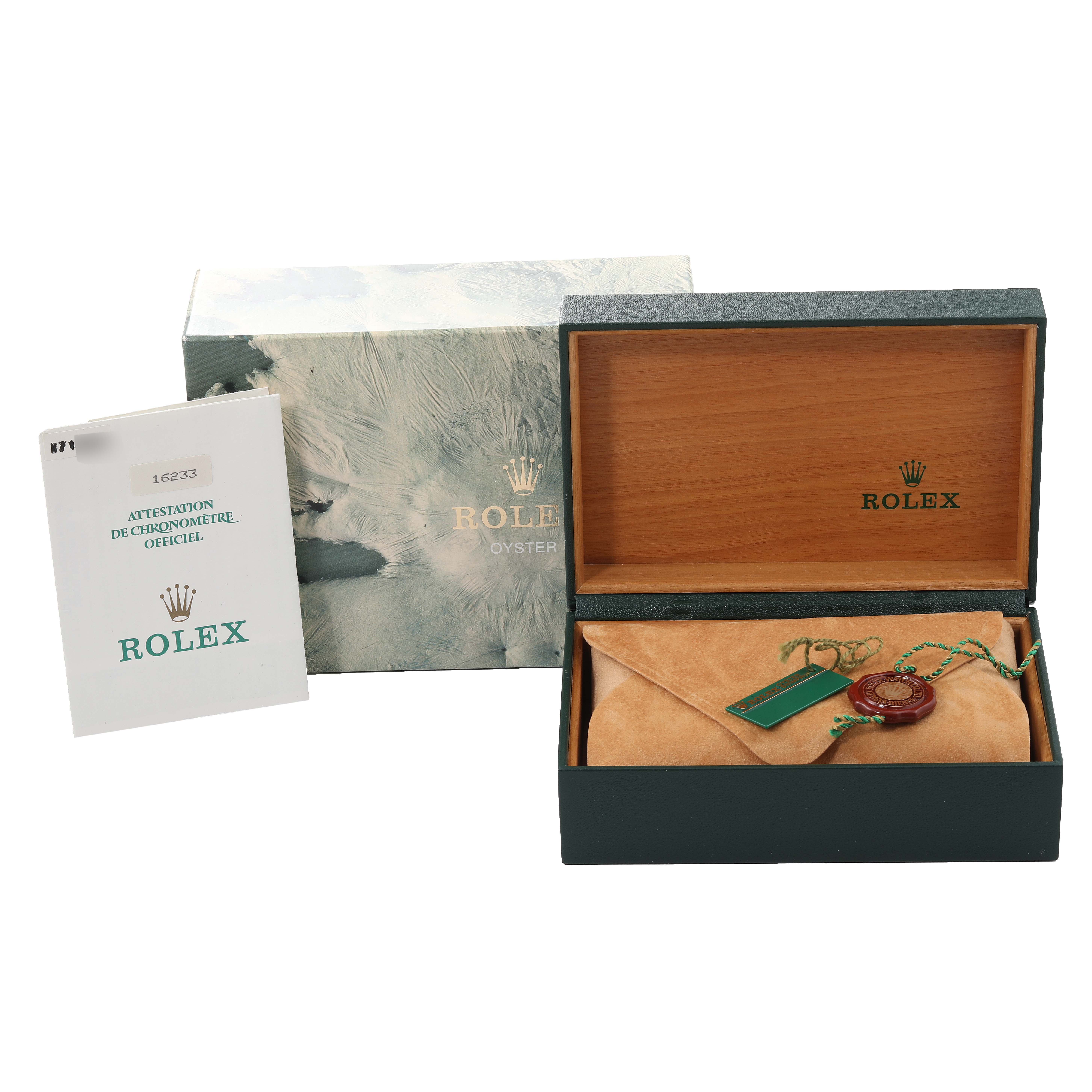 The image shows the packaging, accessories, and documentation for the Rolex Datejust 16233 Men's Steel and Gold (two tone) Beige Dial 16233 Men's Steel and Gold (two tone) Beige Dial model.