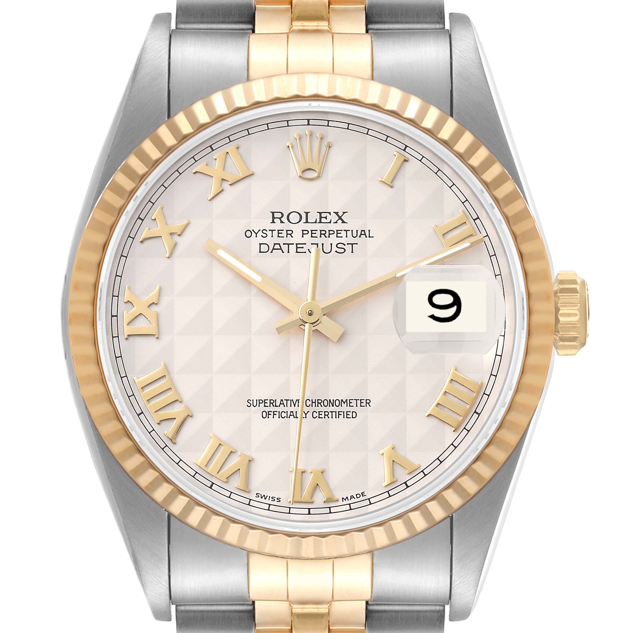 The image shows a close-up view of the Rolex Datejust 16233 Men's Steel and Gold (two tone) Beige Dial 16233 Men's Steel and Gold (two tone) Beige Dial watch face, including the bezel, dial, hands, and part of the bracelet.