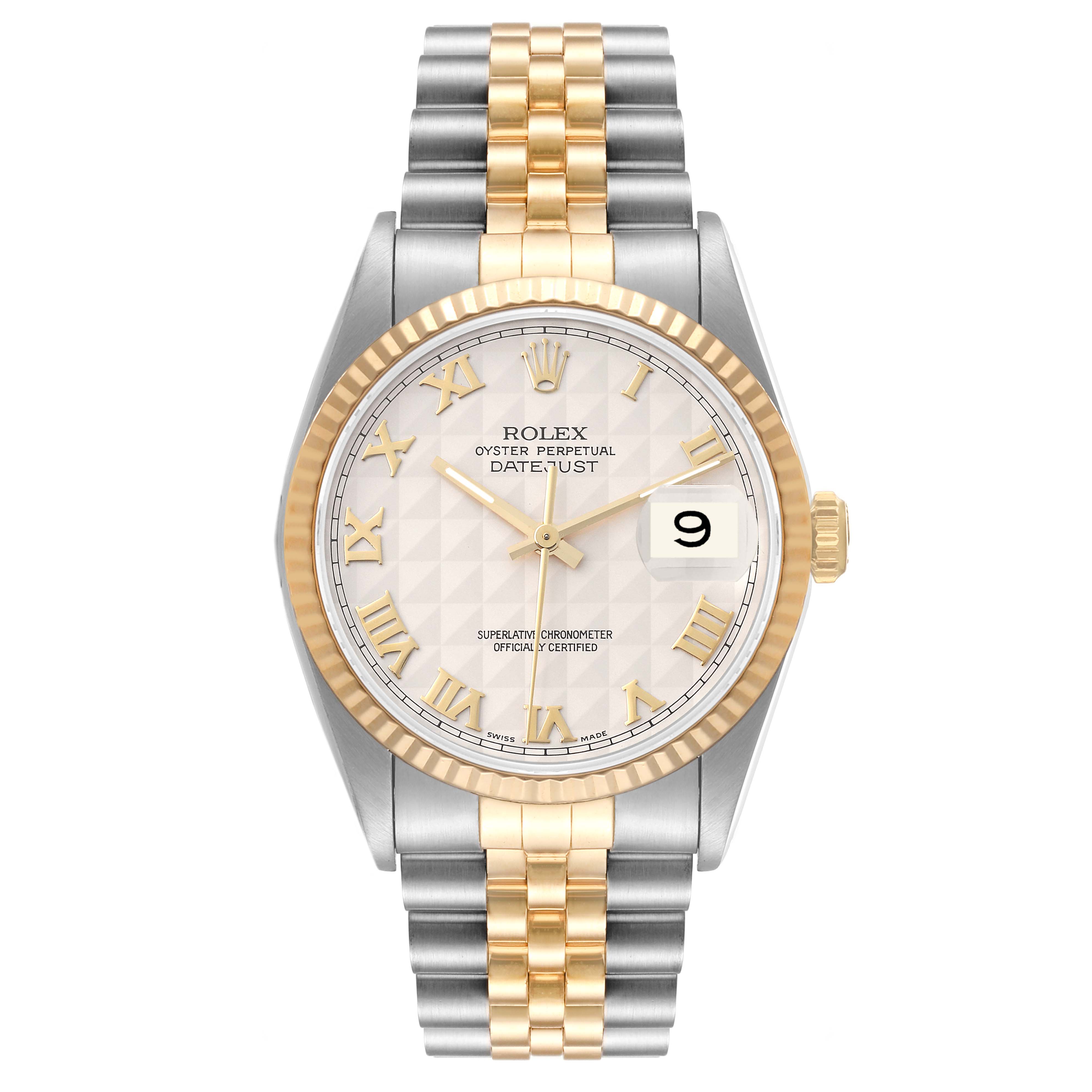 This image shows a front view of the Rolex Datejust 16233 Men's Steel and Gold (two tone) Beige Dial 16233 Men's Steel and Gold (two tone) Beige Dial watch, displaying the dial, bezel, and two-tone bracelet.