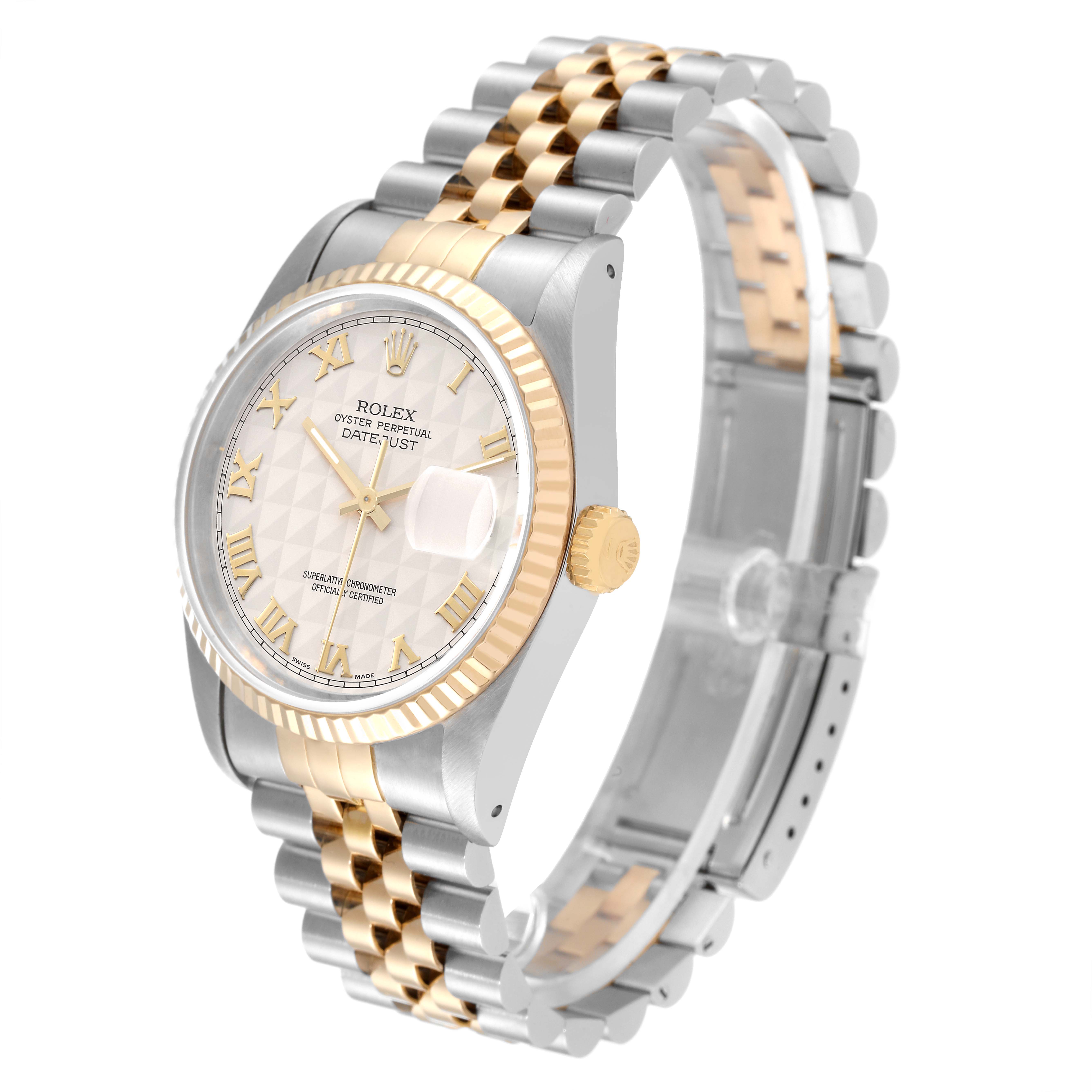 The image shows a Rolex Datejust 16233 Men's Steel and Gold (two tone) Beige Dial 16233 Men's Steel and Gold (two tone) Beige Dial watch at an angle highlighting the two-tone bracelet, dial, case, crown, and fluted bezel.