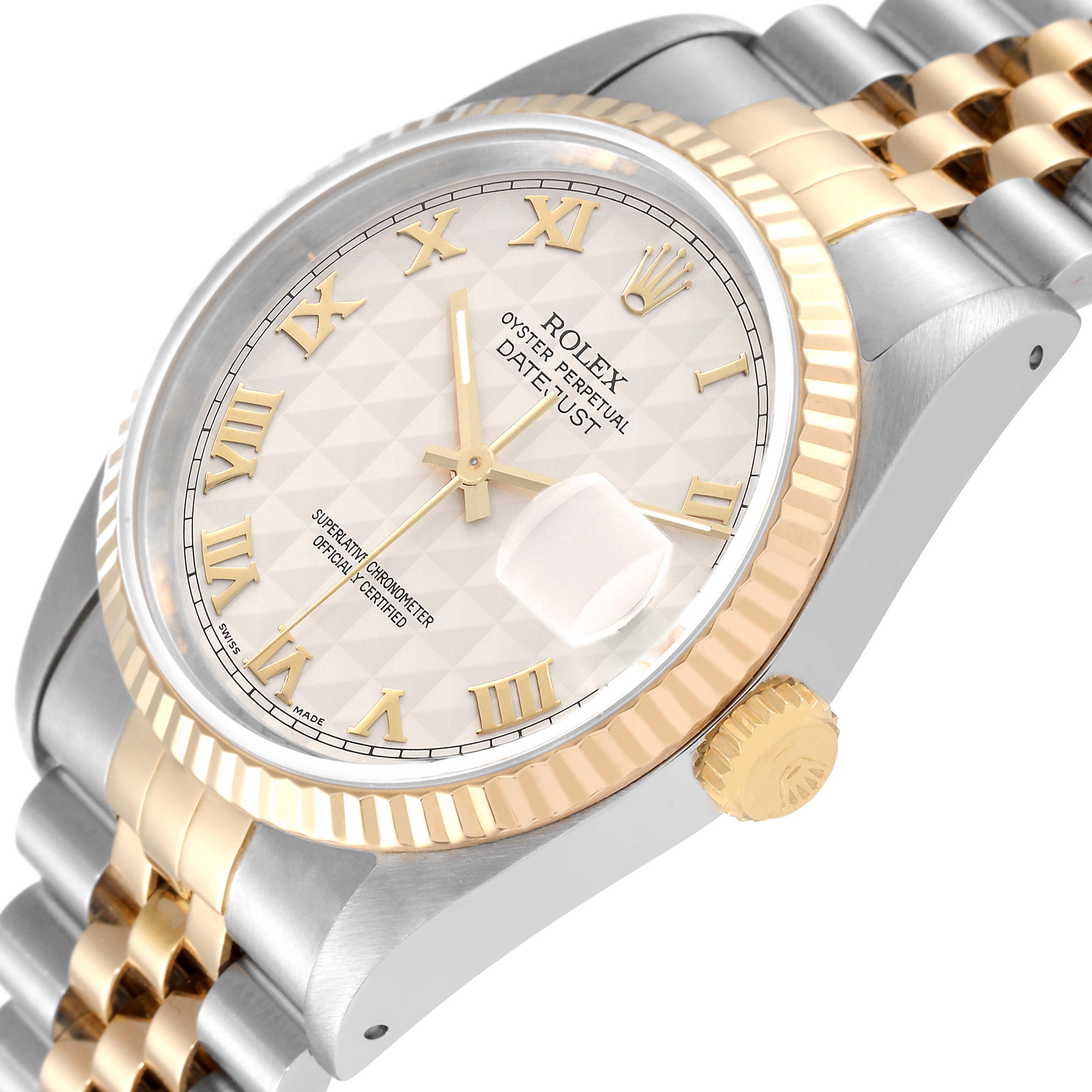 The image shows a close-up angled view of a Rolex Datejust 16233 Men's Steel and Gold (two tone) Beige Dial 16233 Men's Steel and Gold (two tone) Beige Dial watch, highlighting its dial, bezel, crown, and part of the bracelet.