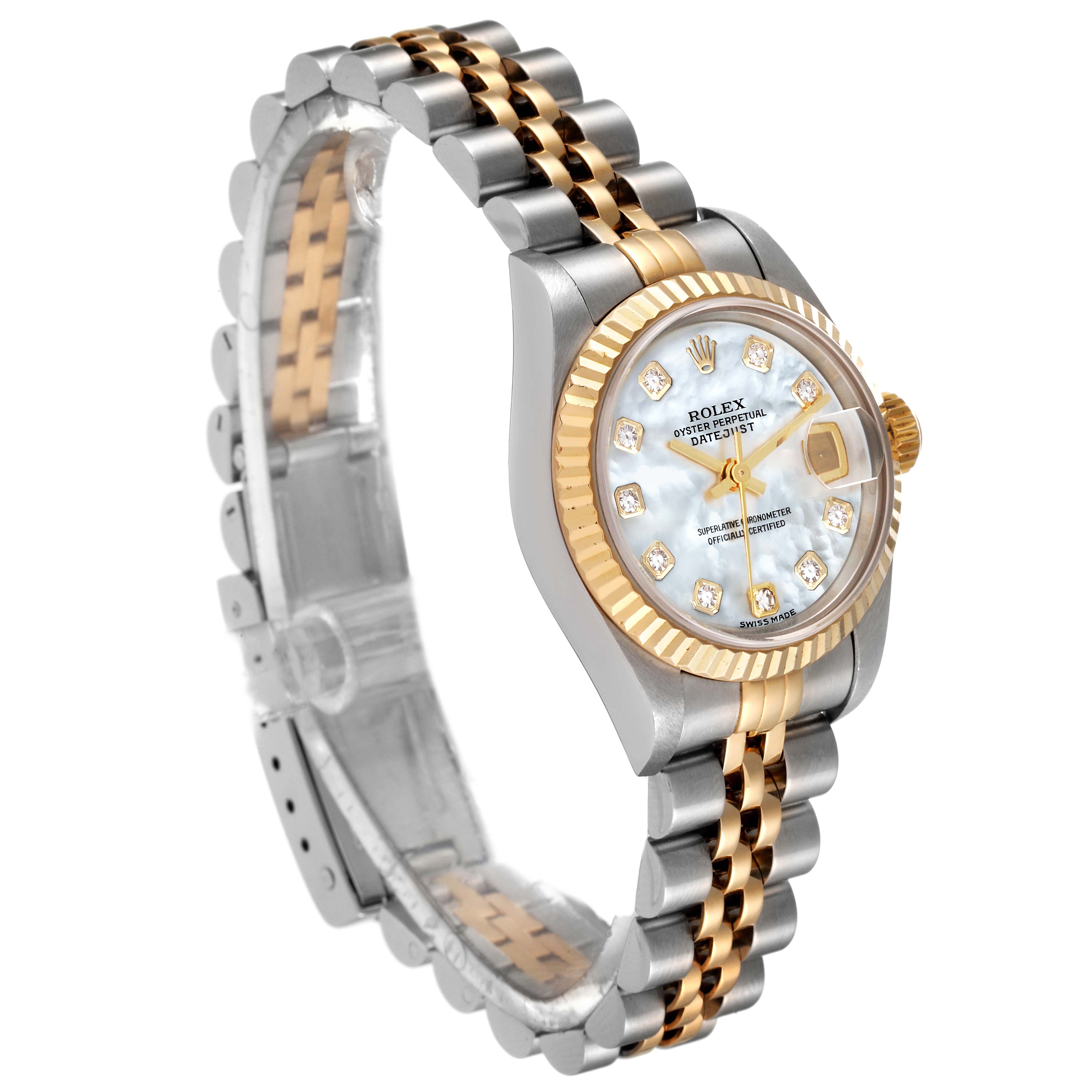 The Rolex Datejust 79173 Women's Steel and Gold (two tone) Mother of Pearl Dial 79173 Women's Steel and Gold (two tone) Mother of Pearl Dial watch is shown at an angle revealing the bezel, face, and two-tone bracelet.