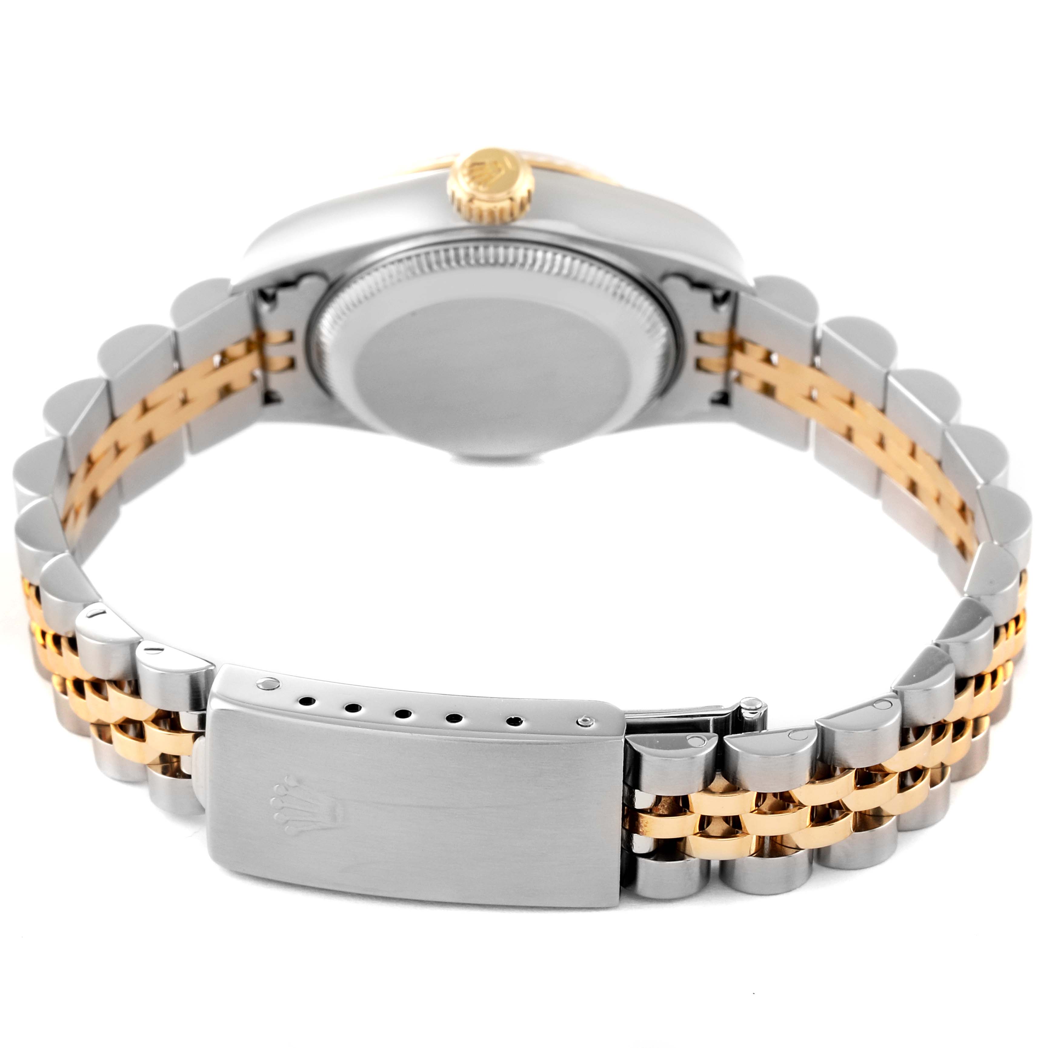 This image shows the back of the Rolex Datejust 79173 Women's Steel and Gold (two tone) Mother of Pearl Dial 79173 Women's Steel and Gold (two tone) Mother of Pearl Dial watch, highlighting the clasp, case back, and two-tone metal bracelet.