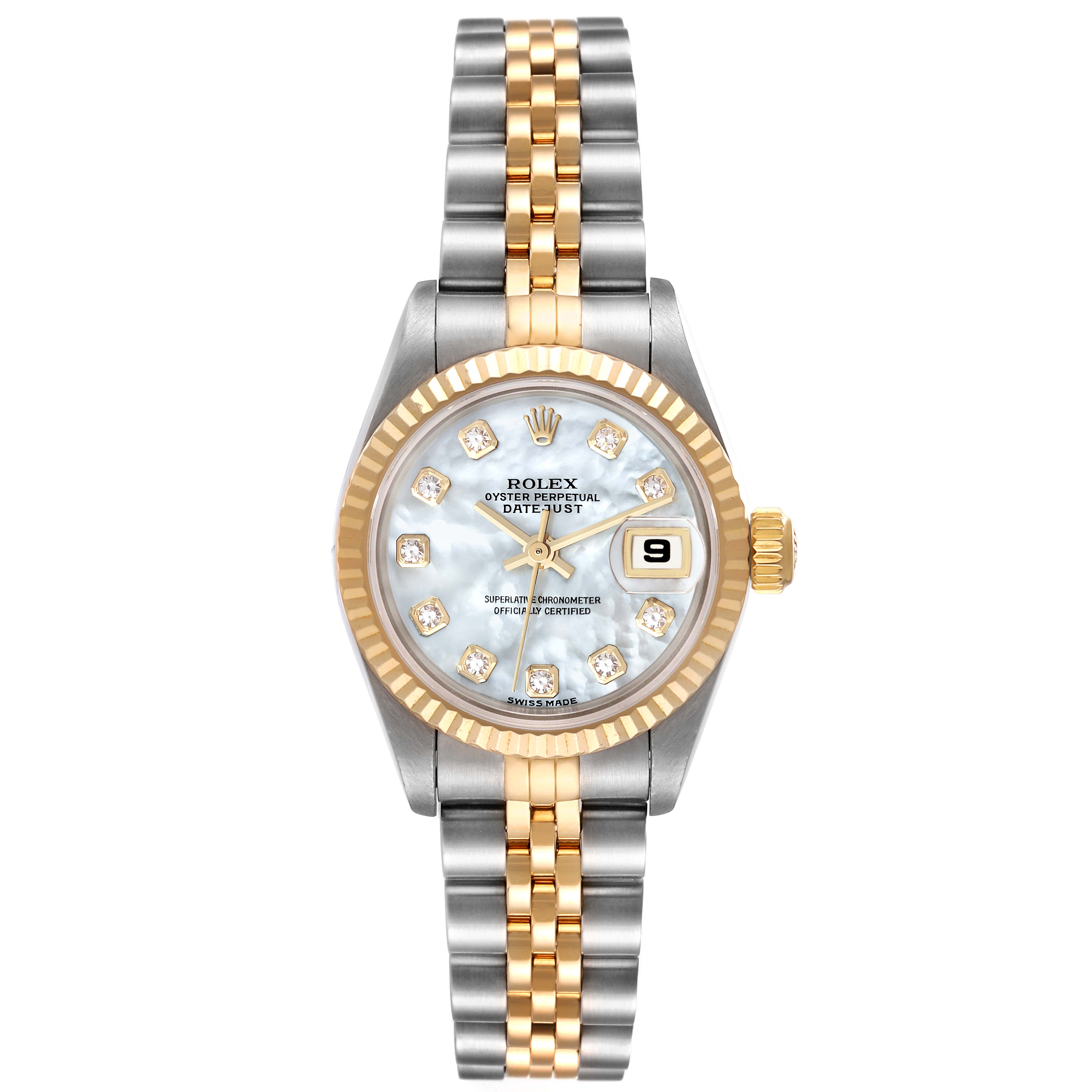 This image shows a front view of a Rolex Datejust 79173 Women's Steel and Gold (two tone) Mother of Pearl Dial 79173 Women's Steel and Gold (two tone) Mother of Pearl Dial watch, highlighting its two-tone bracelet, mother-of-pearl dial, and date window.