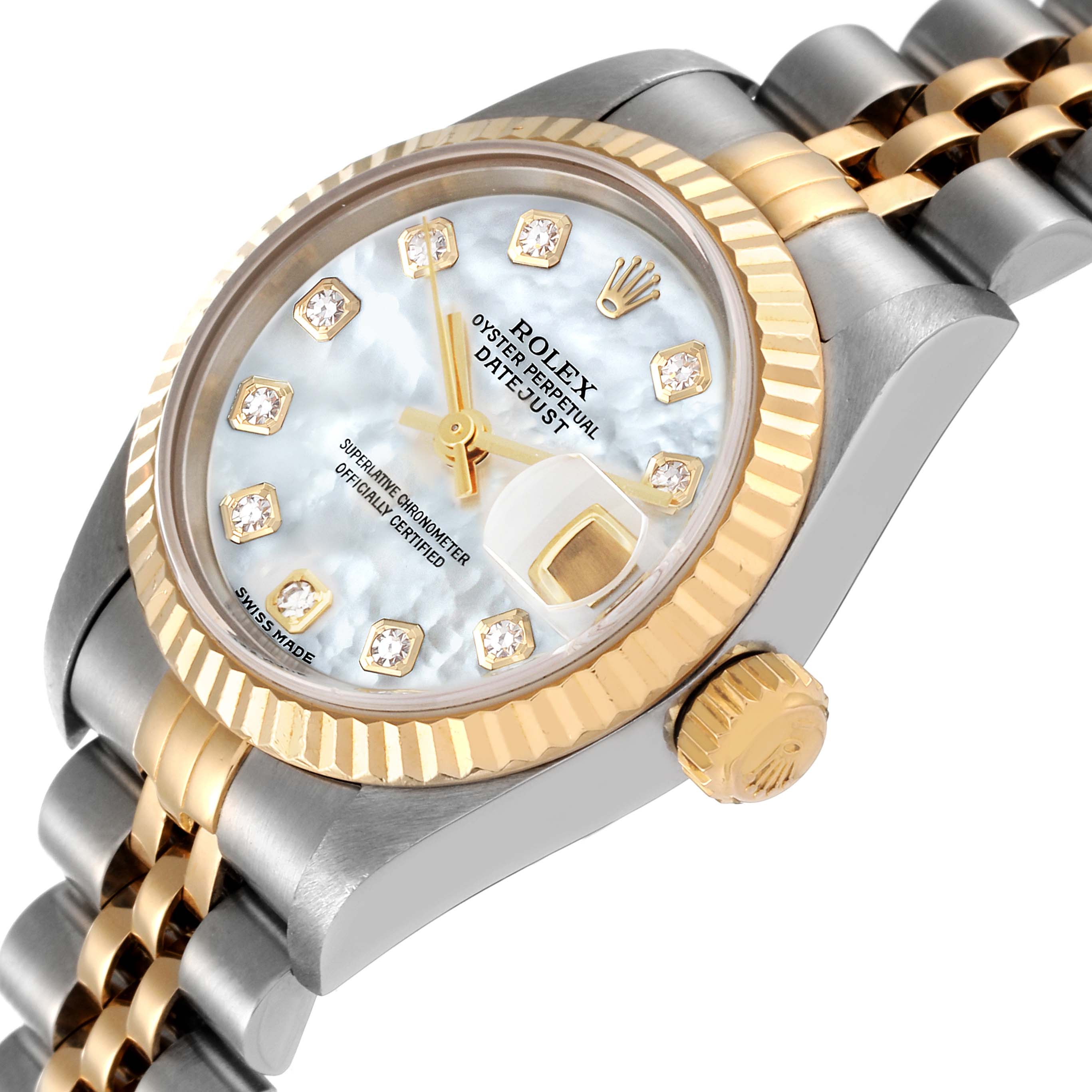 The Rolex Datejust 79173 Women's Steel and Gold (two tone) Mother of Pearl Dial 79173 Women's Steel and Gold (two tone) Mother of Pearl Dial watch is shown at an angled close-up, highlighting the face, crown, and part of the bracelet.