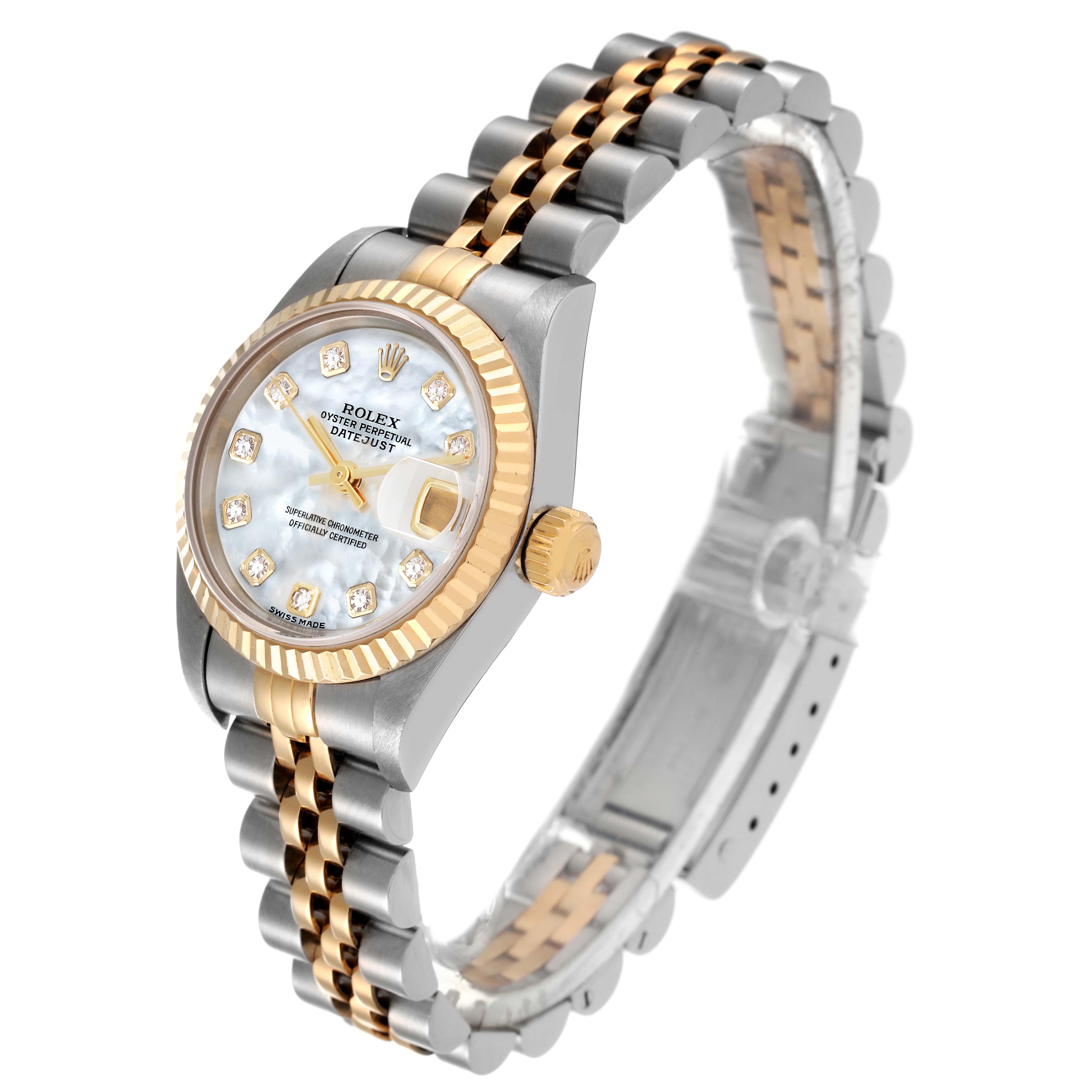 This Rolex Datejust 79173 Women's Steel and Gold (two tone) Mother of Pearl Dial 79173 Women's Steel and Gold (two tone) Mother of Pearl Dial watch is shown from a slightly angled side view, displaying its dial, bezel, crown, and Jubilee bracelet.