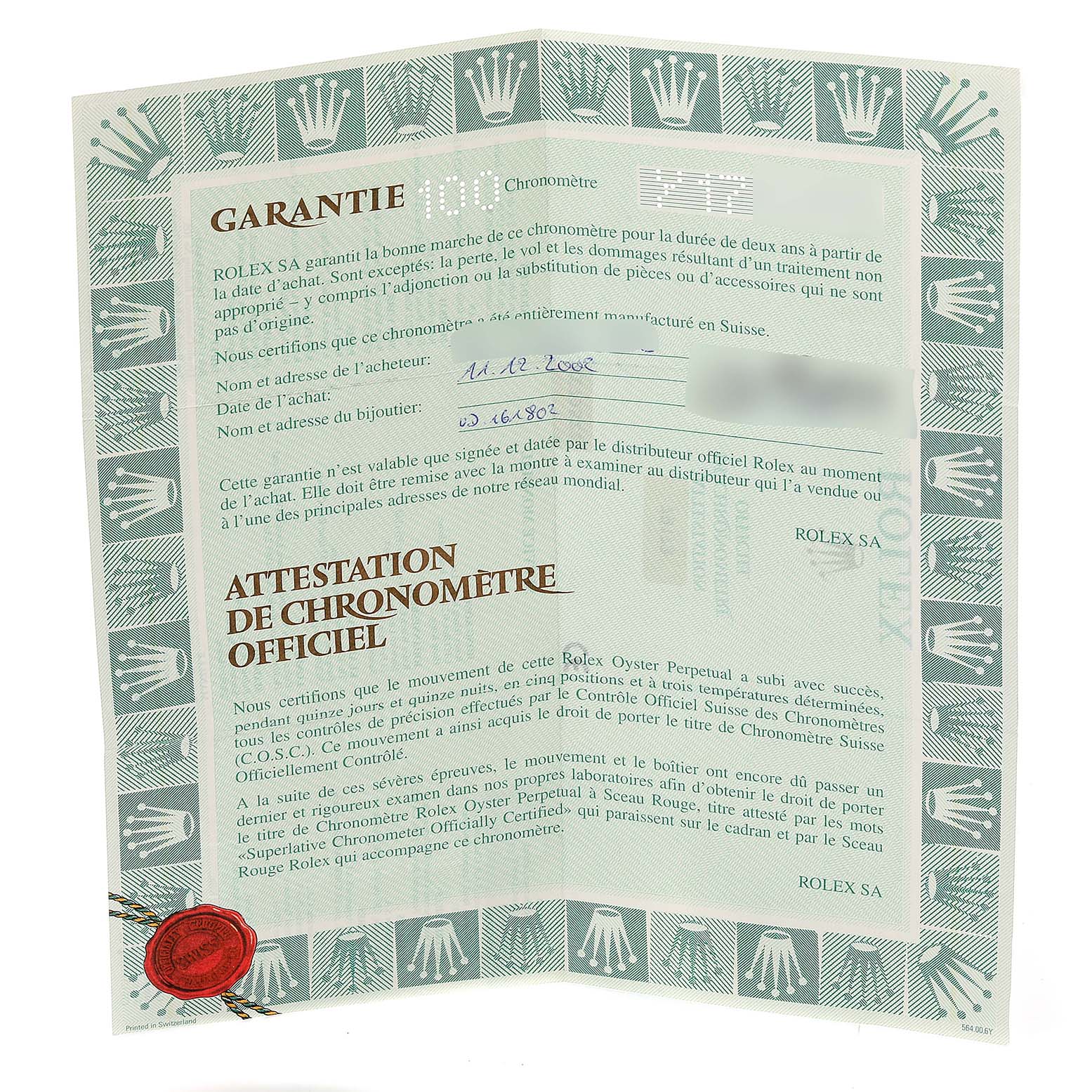 This image shows the official warranty certificate and chronometer attestation for a Rolex Datejust 79173 Women's Steel and Gold (two tone) Mother of Pearl Dial 79173 Women's Steel and Gold (two tone) Mother of Pearl Dial model.