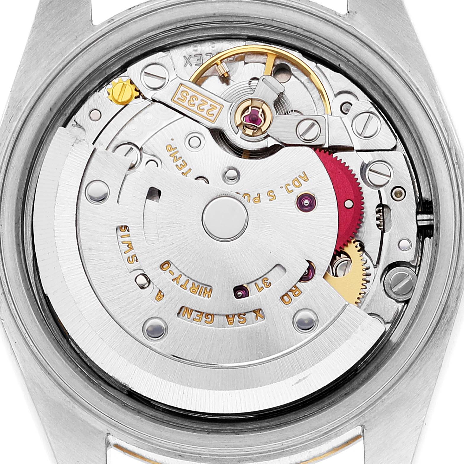 This is a close-up view of the back of a Rolex Datejust 79173 Women's Steel and Gold (two tone) Mother of Pearl Dial 79173 Women's Steel and Gold (two tone) Mother of Pearl Dial watch displaying its intricate internal movement.