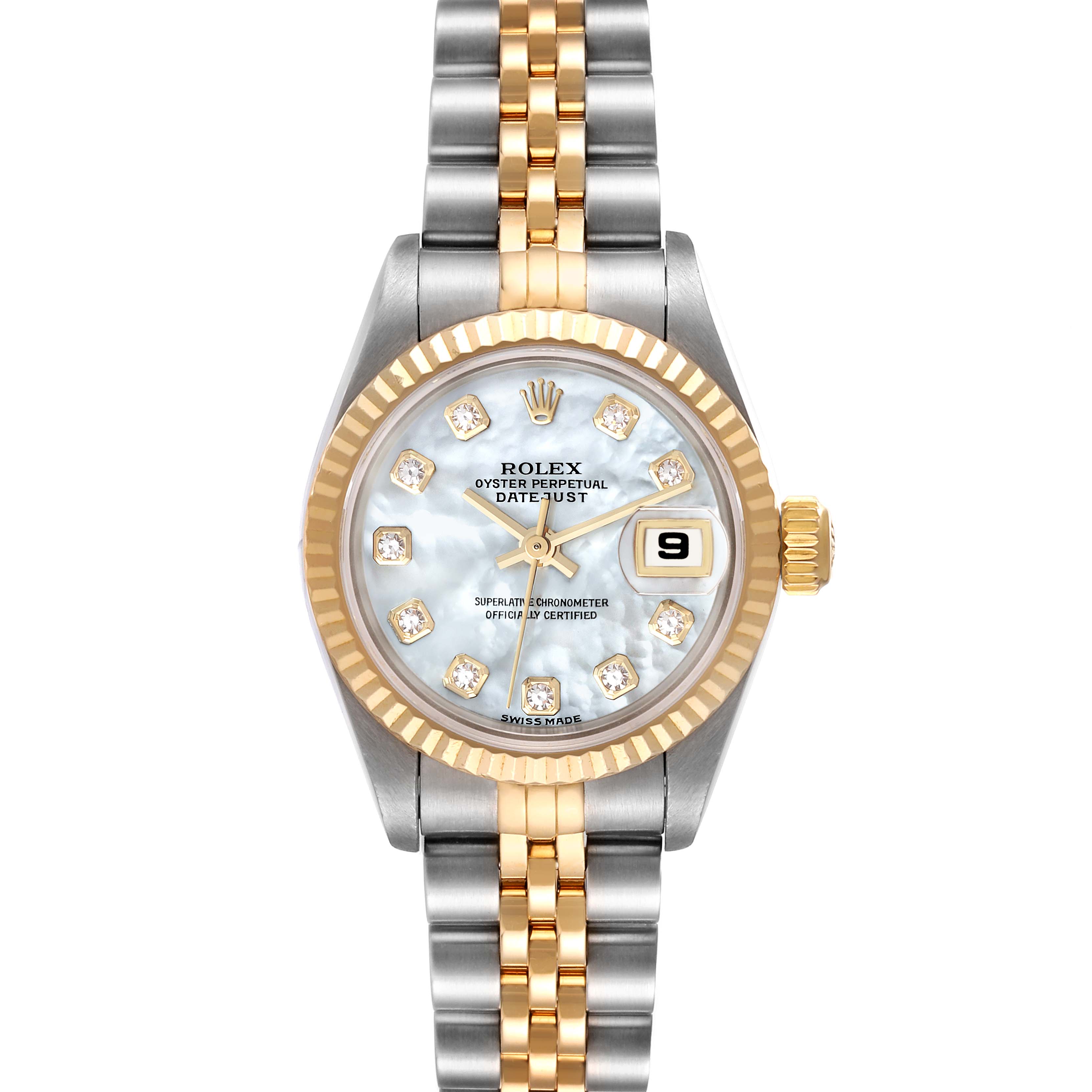 The Rolex Datejust 79173 Women's Steel and Gold (two tone) Mother of Pearl Dial 79173 Women's Steel and Gold (two tone) Mother of Pearl Dial watch is shown from a top-down angle, displaying its face, crown, and full bracelet.