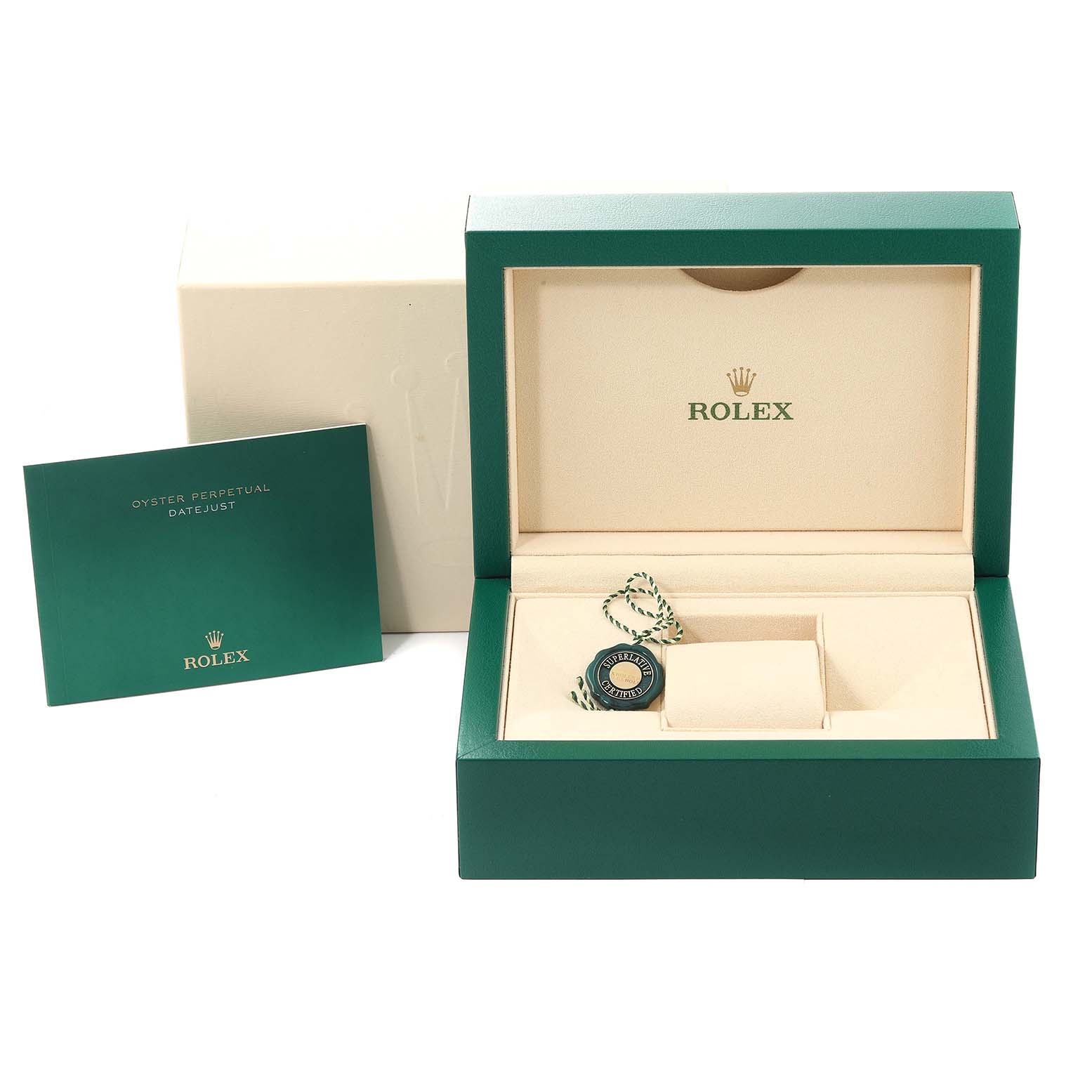 The image shows an open Rolex Datejust 279163 Women's Steel and Gold (two tone) Silver Dial 279163 Women's Steel and Gold (two tone) Silver Dial watch box with a booklet and tag inside.