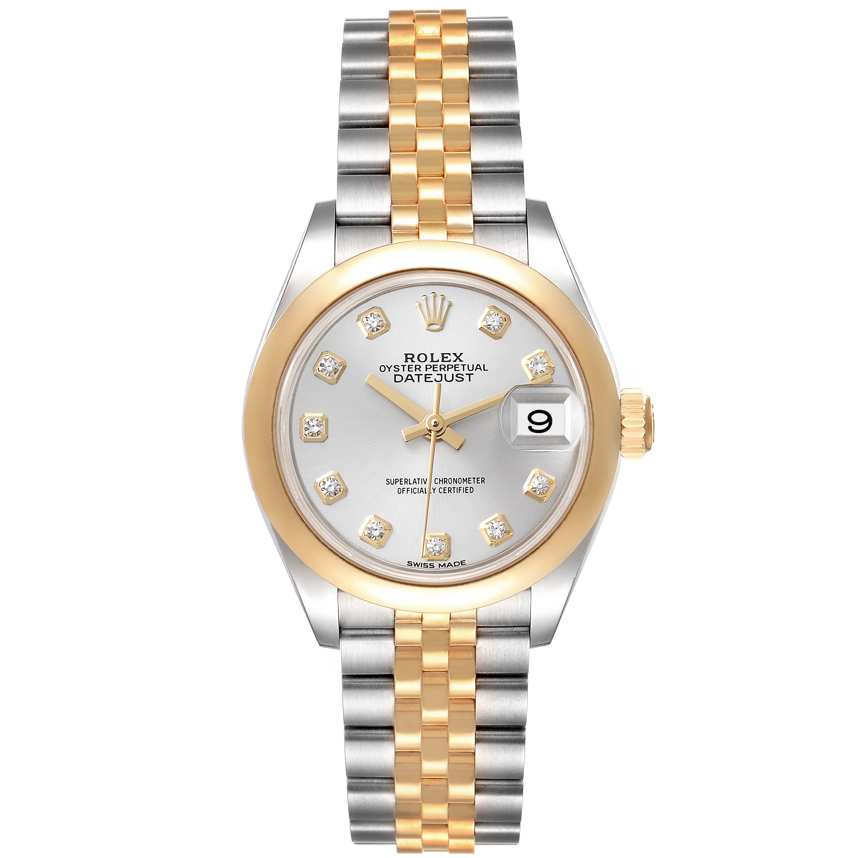 The Rolex Datejust 279163 Women's Steel and Gold (two tone) Silver Dial 279163 Women's Steel and Gold (two tone) Silver Dial watch is shown from a front angle, displaying the dial, bezel, and jubilee bracelet in a two-tone design.