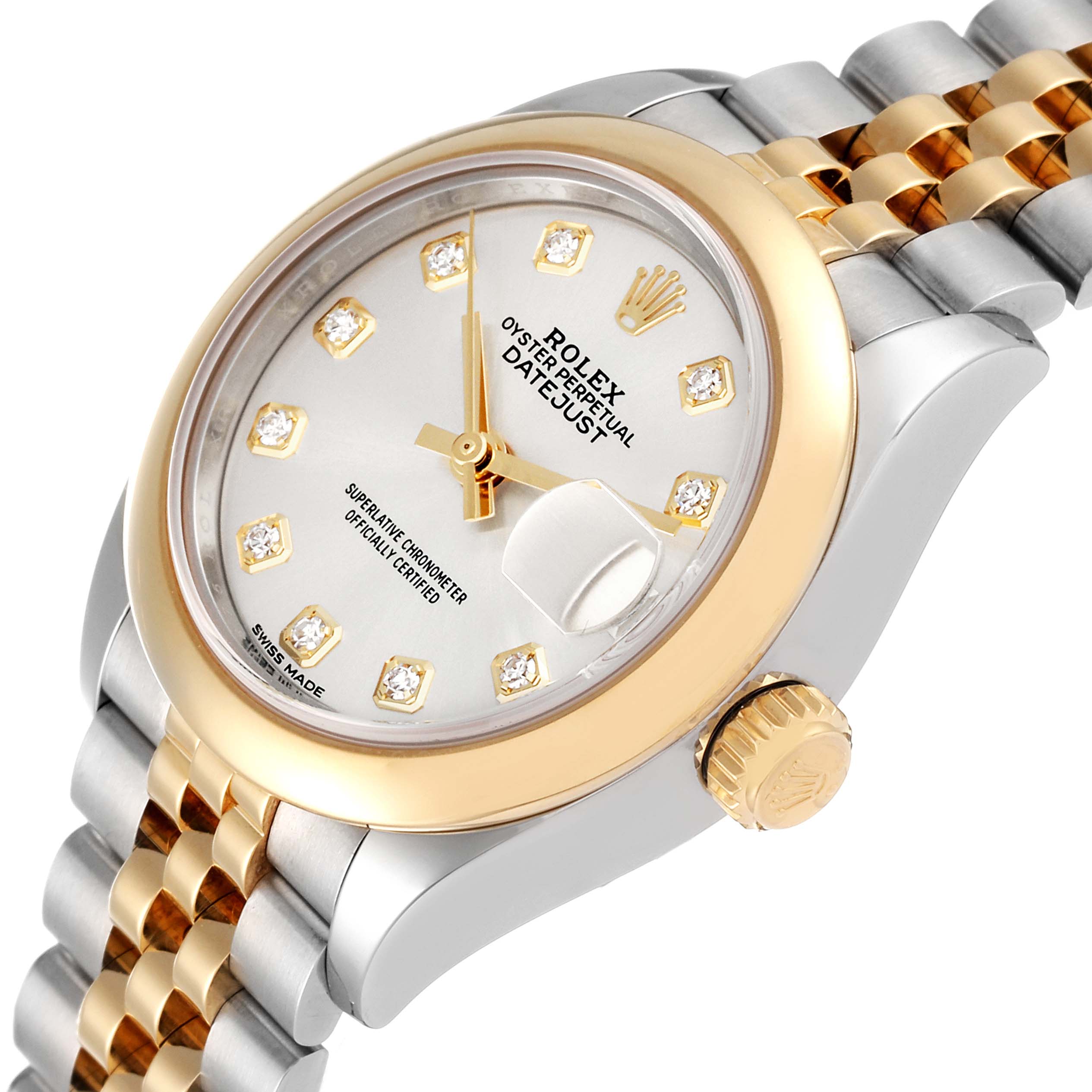 The image shows a close-up view of a Rolex Datejust 279163 Women's Steel and Gold (two tone) Silver Dial 279163 Women's Steel and Gold (two tone) Silver Dial watch, focusing on the face, crown, and part of the bracelet.
