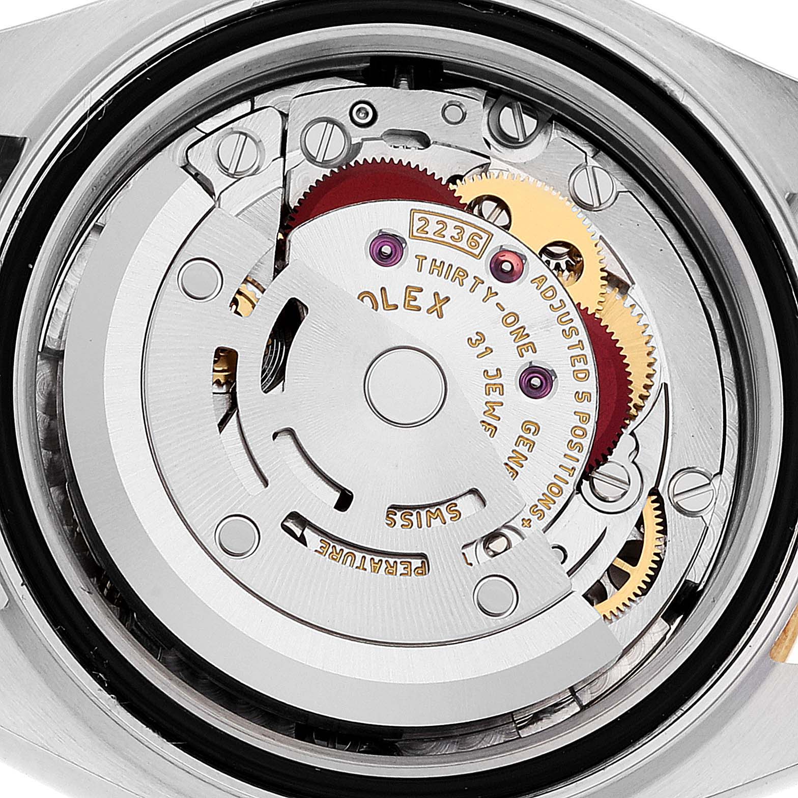 This image shows the internal movement mechanism of a Rolex Datejust 279163 Women's Steel and Gold (two tone) Silver Dial 279163 Women's Steel and Gold (two tone) Silver Dial watch from a top-down angle.