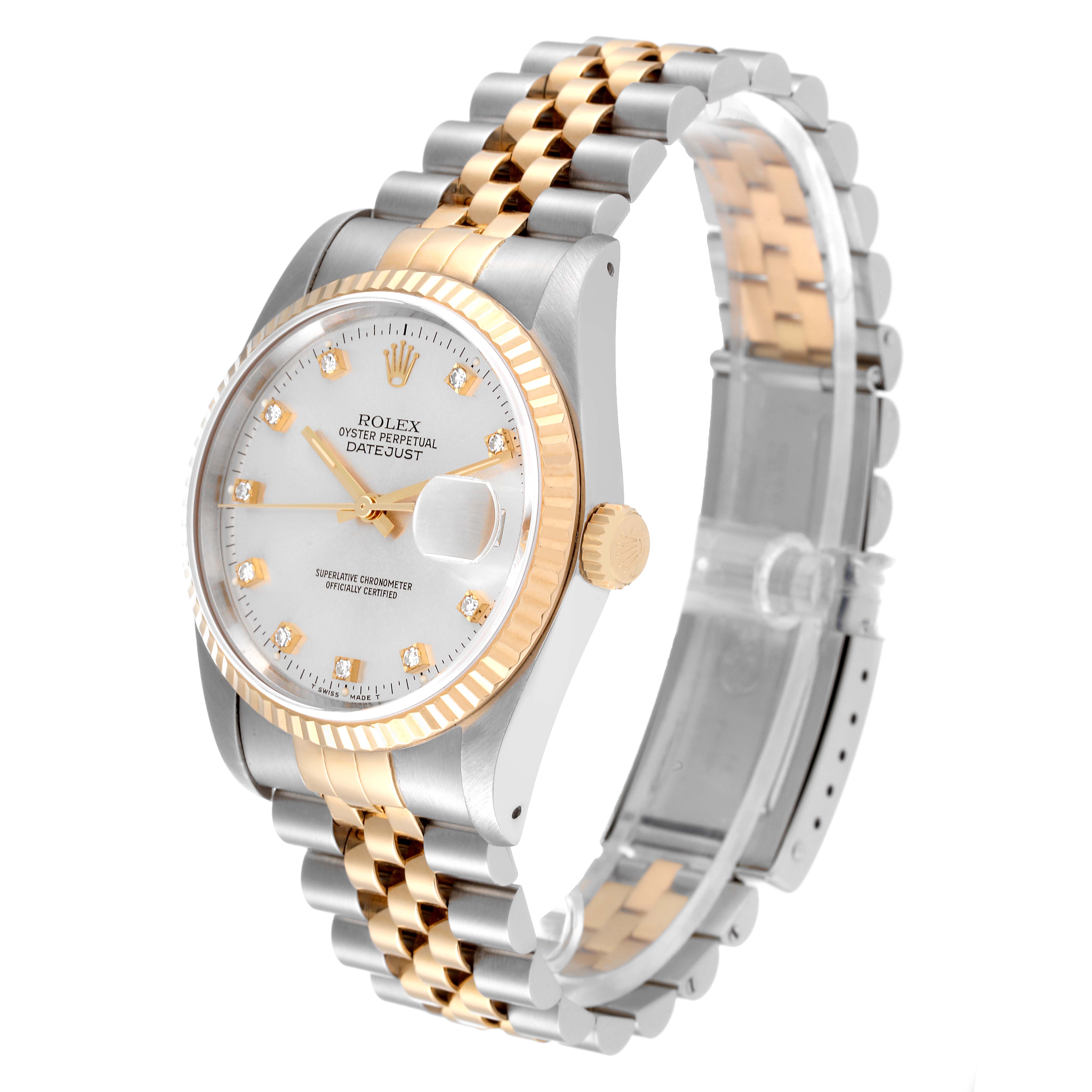 This image shows a Rolex Datejust 16233 Men's Steel and Gold (two tone) Silver Dial 16233 Men's Steel and Gold (two tone) Silver Dial watch from a front and side angle, highlighting its dial, bezel, and two-tone bracelet.