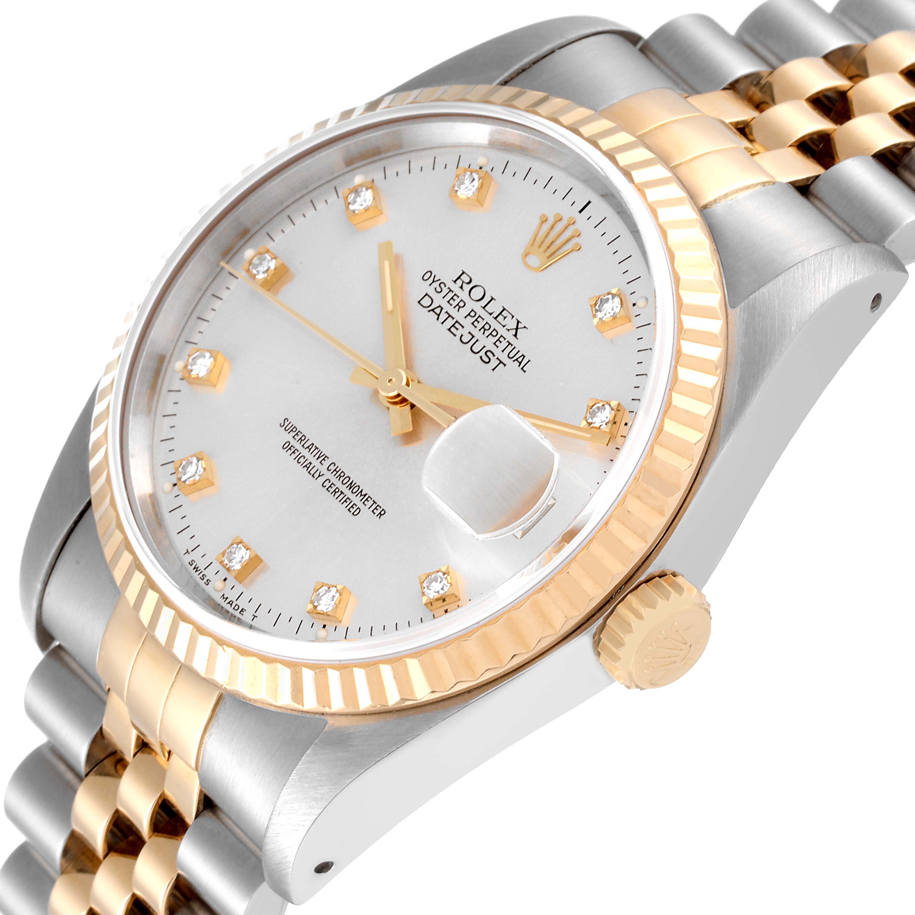 This image shows a close-up angled view of a Rolex Datejust 16233 Men's Steel and Gold (two tone) Silver Dial 16233 Men's Steel and Gold (two tone) Silver Dial watch, highlighting its face, bezel, crown, and two-tone bracelet.