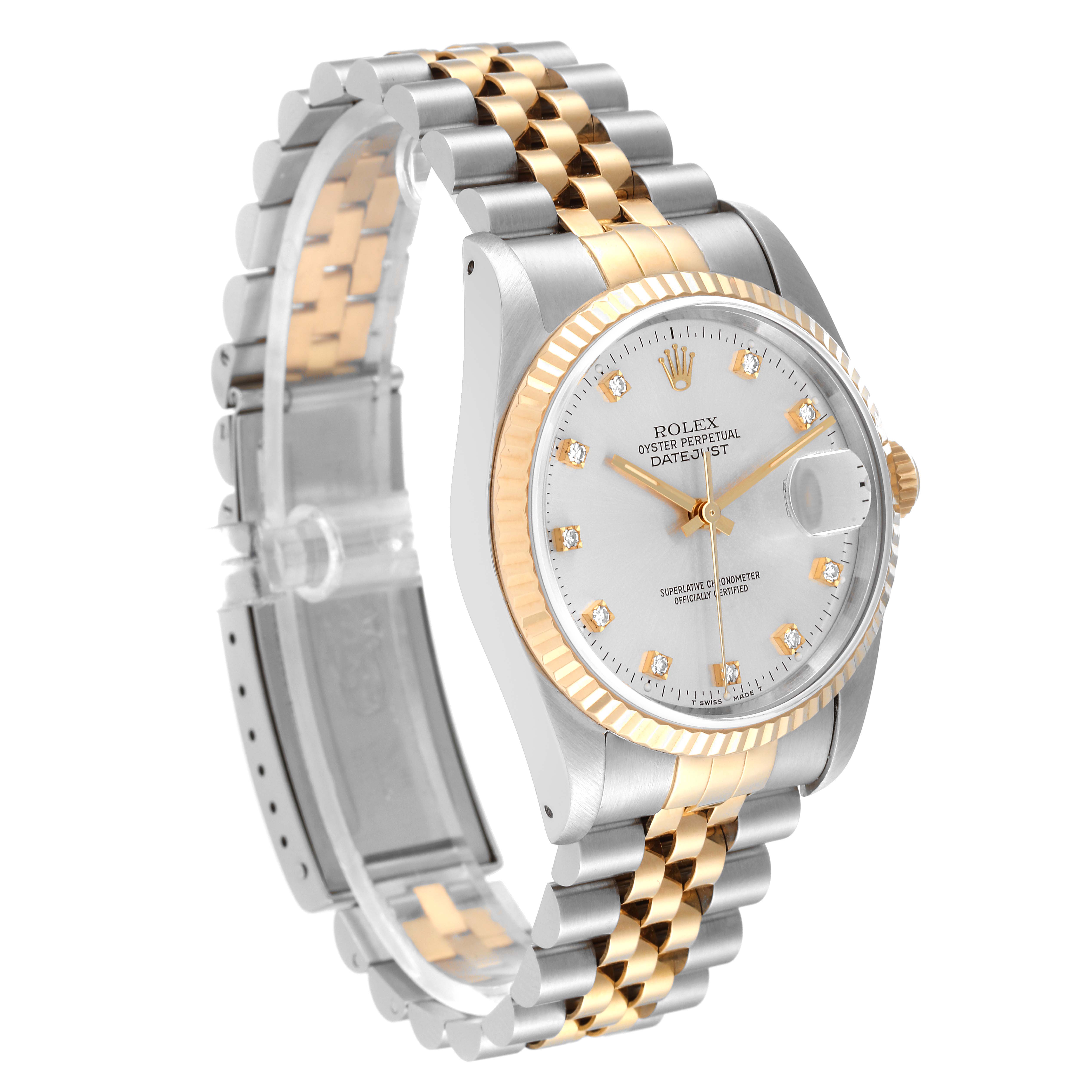 This image shows a Rolex Datejust 16233 Men's Steel and Gold (two tone) Silver Dial 16233 Men's Steel and Gold (two tone) Silver Dial watch angled to display the face, bezel, crown, and part of the bracelet.