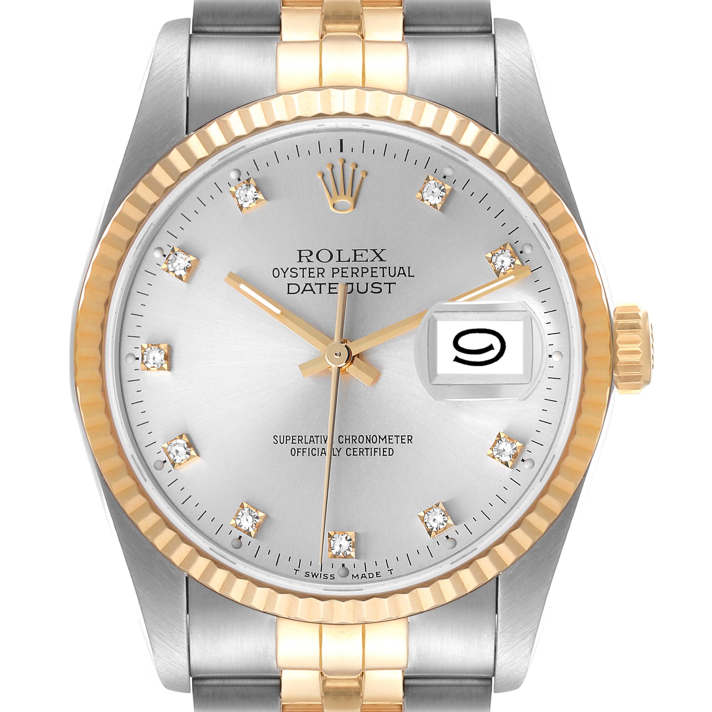 This image shows the face and part of the bracelet of a Rolex Datejust 16233 Men's Steel and Gold (two tone) Silver Dial 16233 Men's Steel and Gold (two tone) Silver Dial watch, highlighting the dial, date window, and bezel.
