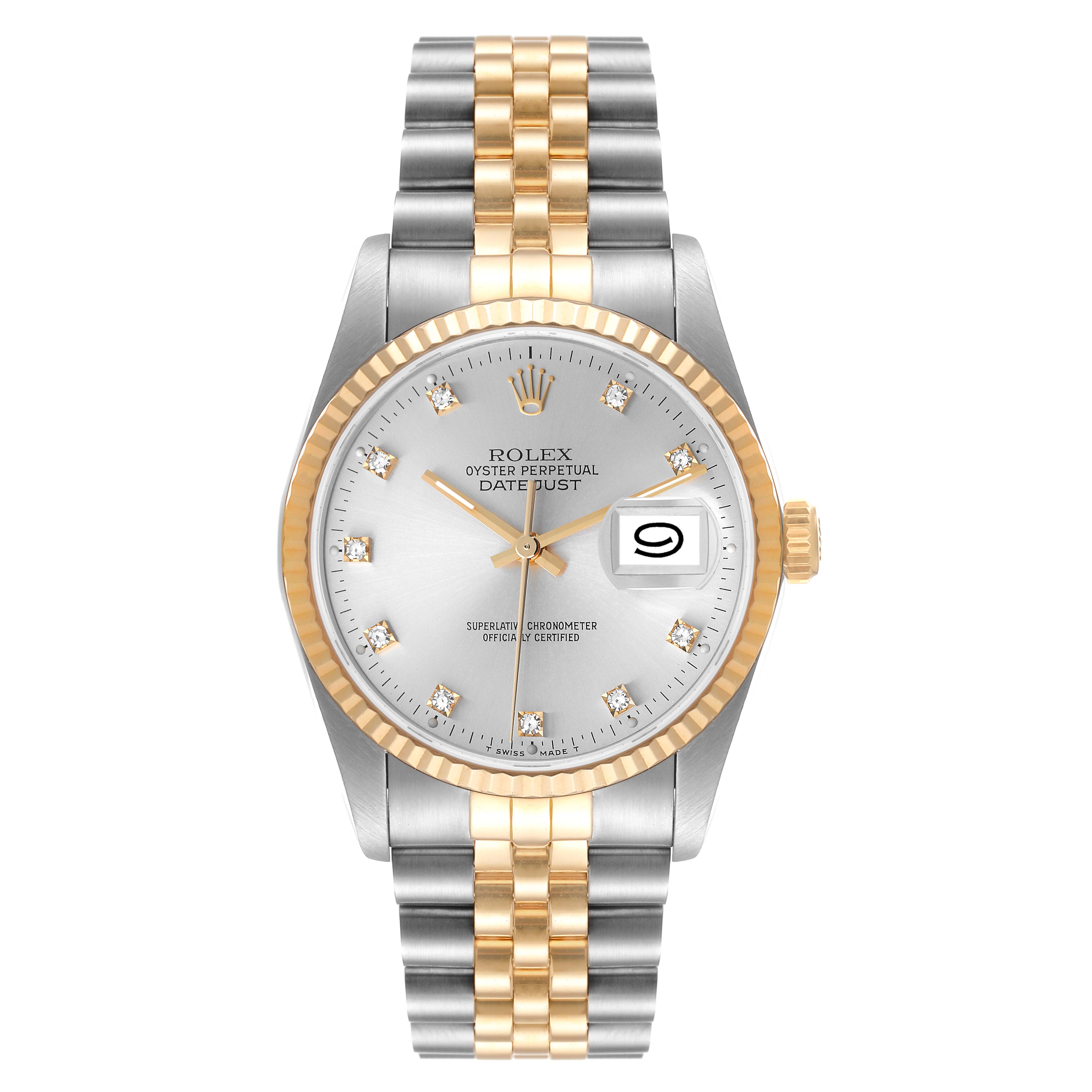 This image shows a front view of a Rolex Datejust 16233 Men's Steel and Gold (two tone) Silver Dial 16233 Men's Steel and Gold (two tone) Silver Dial watch with a two-tone bracelet and a silver dial with diamond hour markers.