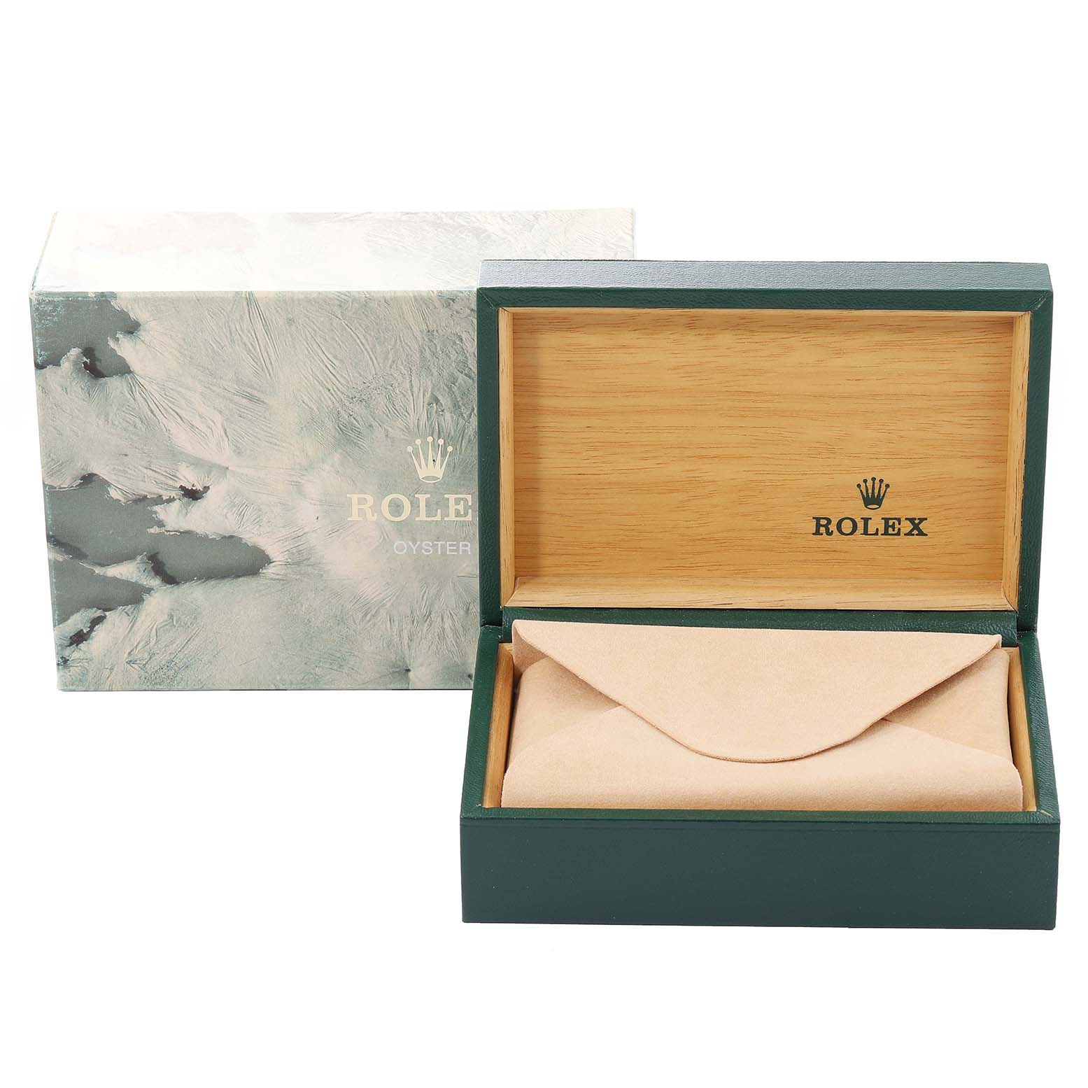 This image shows a closed Rolex Datejust 16233 Men's Steel and Gold (two tone) Silver Dial 16233 Men's Steel and Gold (two tone) Silver Dial watch box from a front view, with the outer box and inner case displayed.